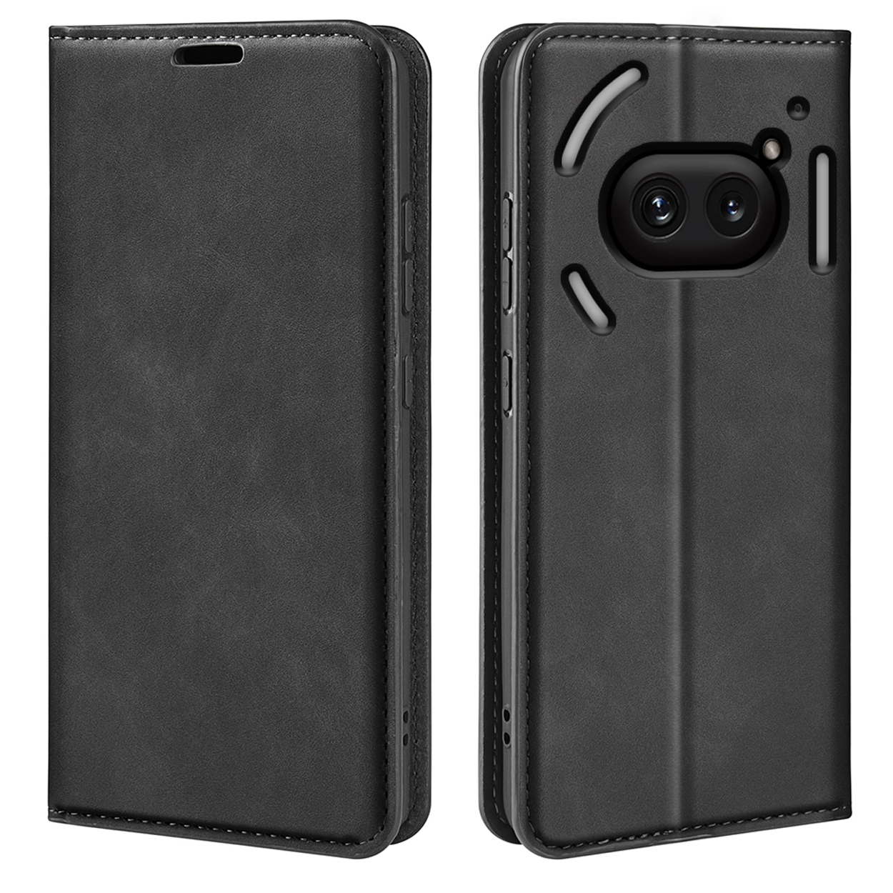 Un étui de téléphone en cuir noir, ouvert et fermé. Montre la découpe de la caméra à l'arrière.