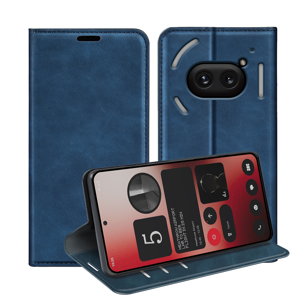 Een blauwe telefoonhoes met een telefoon erin. De hoes heeft een hoes en een standaard. De telefoon heeft een rood scherm.