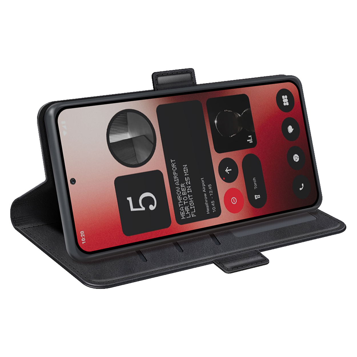 Zwarte telefoon in een telefoonhoesje, met het startscherm met widgets.