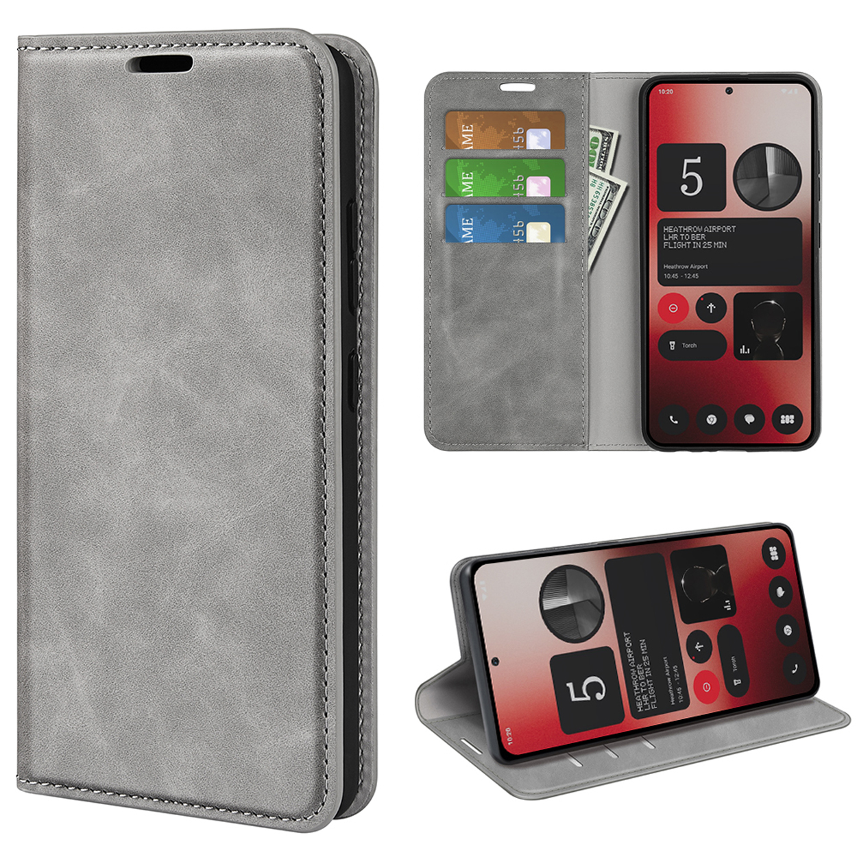 Grijs telefoonhoesje met telefoon met scherm, kaarten en geld.