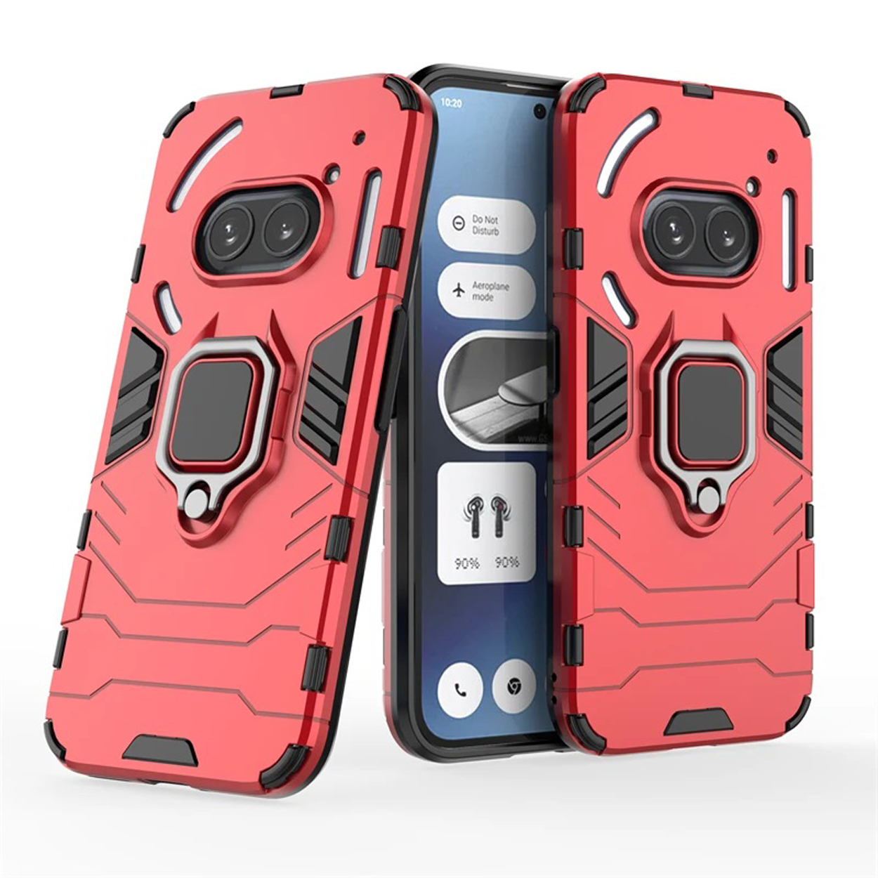 Rode telefoonhoes met een ringhouder. De telefoon toont een Niet Storen-scherm.