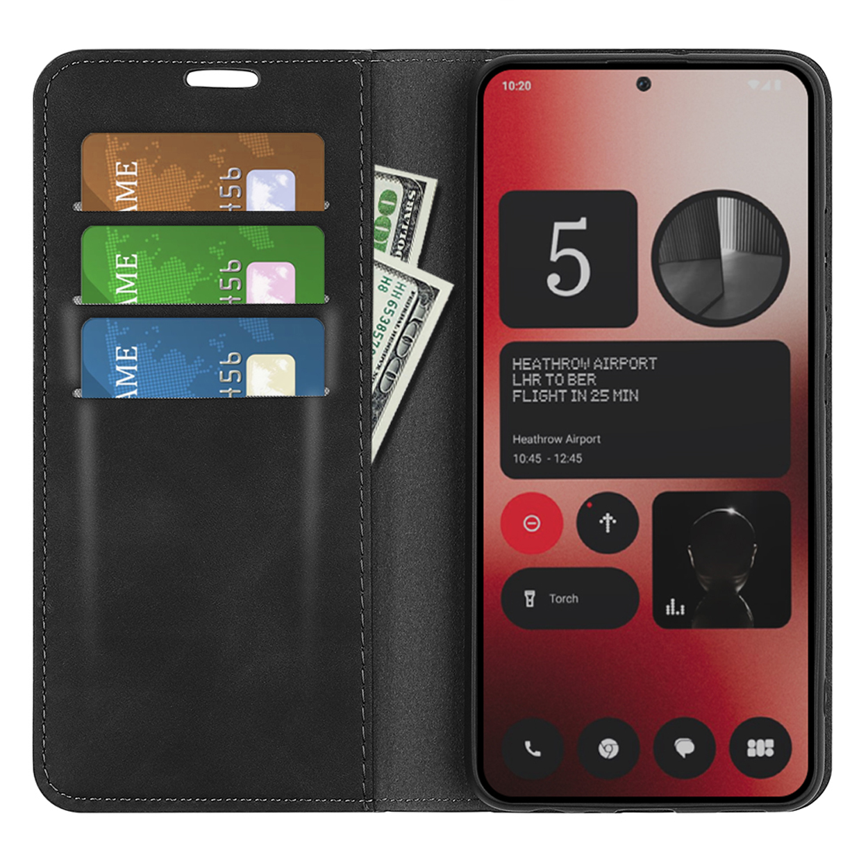 Étui de téléphone noir avec cartes et argent. Écran smartphone affiche infos aéroport.