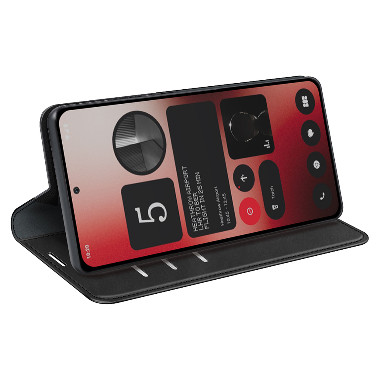 Un étui de téléphone noir ouvert, montrant un écran de téléphone avec des informations de vol.