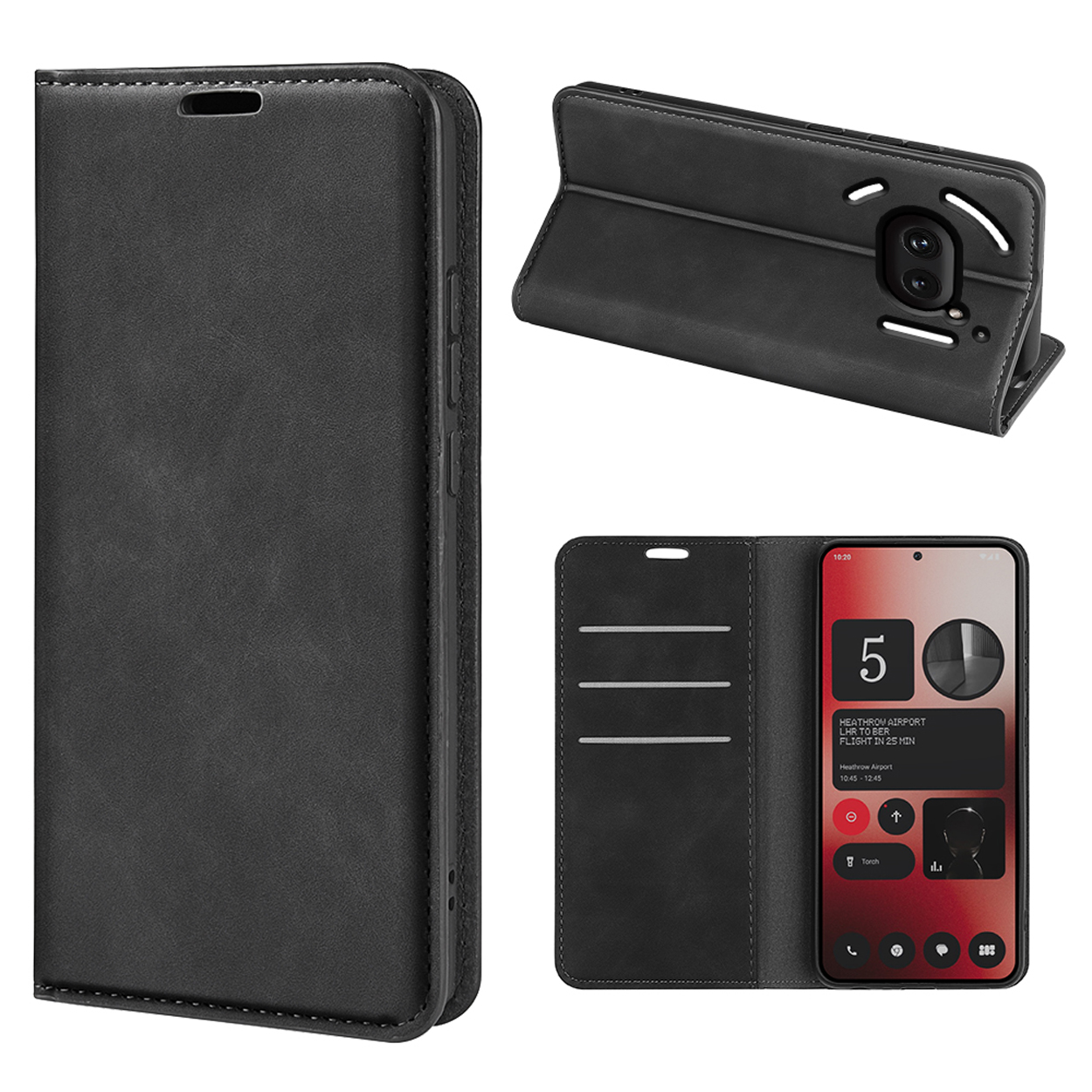 Coque de téléphone noire montrée sous différents angles, ouverte avec téléphone et fermée.