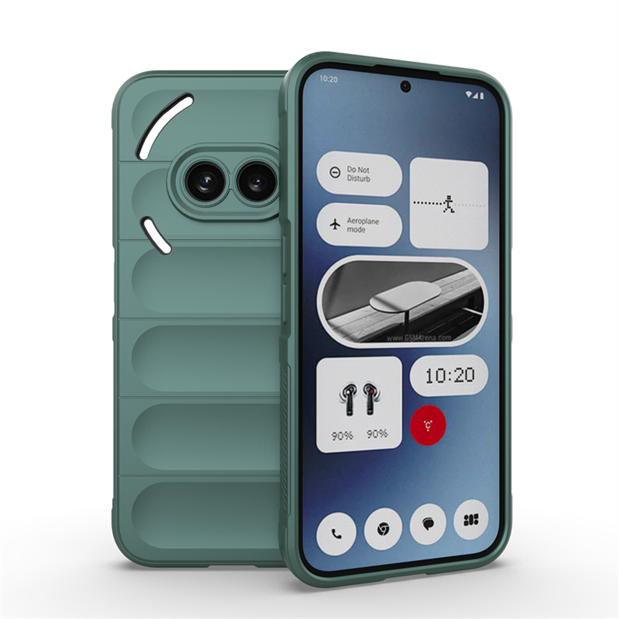 Coque de téléphone verte et téléphone. Le téléphone affiche des applications et l'heure.