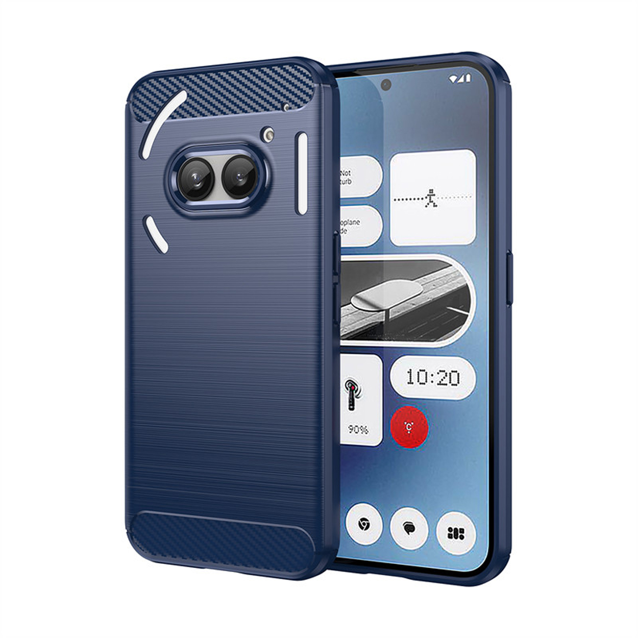 Un étui de téléphone bleu avec un téléphone affichant des icônes d'applications, sur fond blanc.