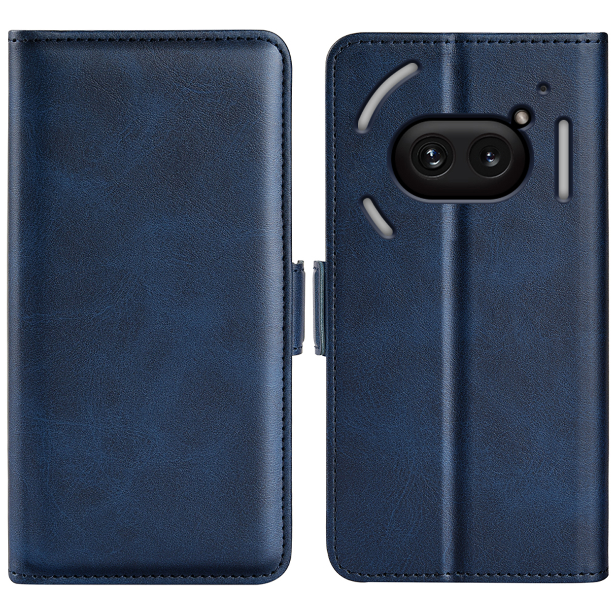 Coque de téléphone bleue, ouverte et fermée, avec découpes caméra, montrant l'arrière du téléphone.
