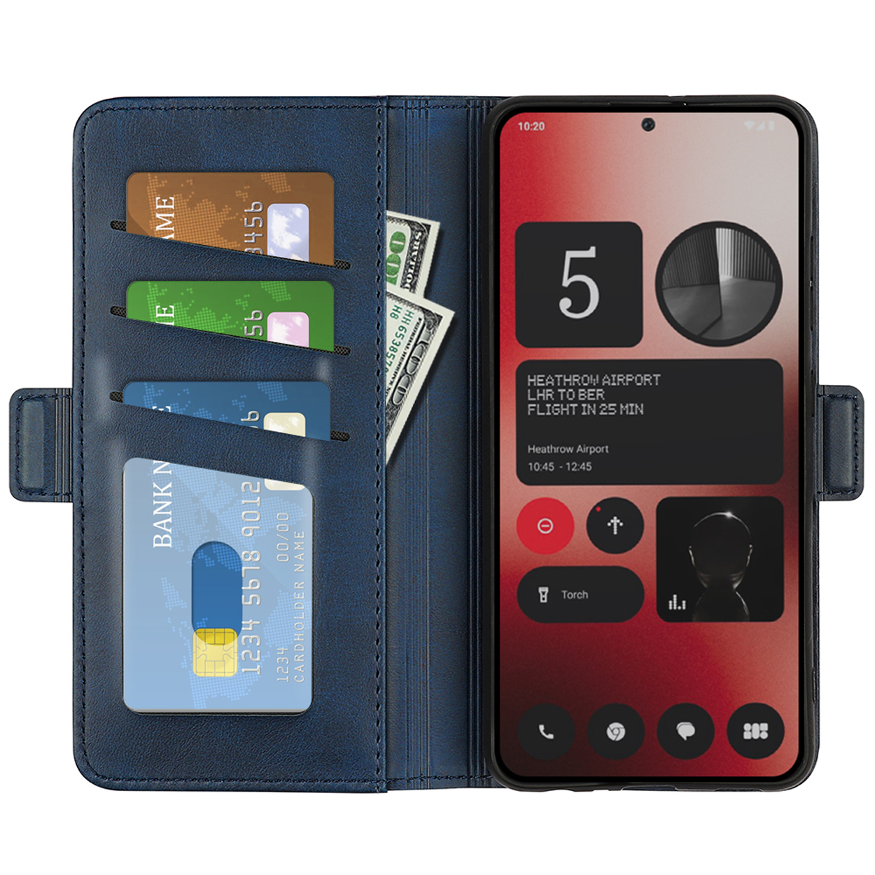 Portefeuille de téléphone bleu ouvert, révélant cartes, argent et un téléphone avec infos de vol.