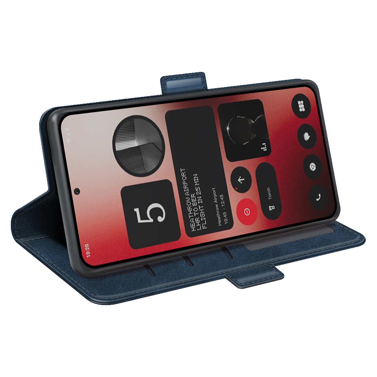 Étui de téléphone bleu ouvert avec un téléphone affichant un horaire de vol; cuir.
