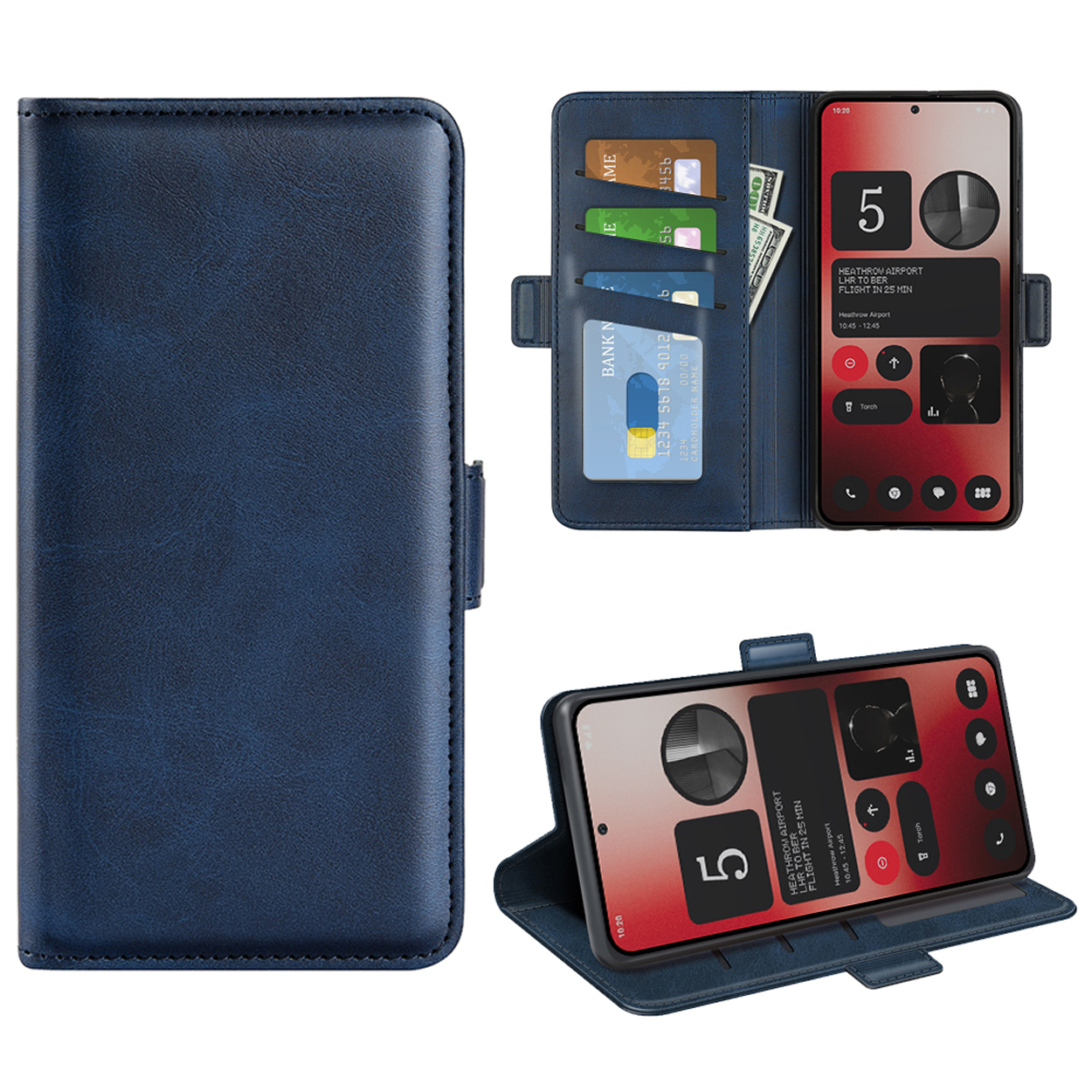 Un étui de téléphone bleu ouvert, avec des cartes de crédit et un écran de téléphone avec des infos de vol.
