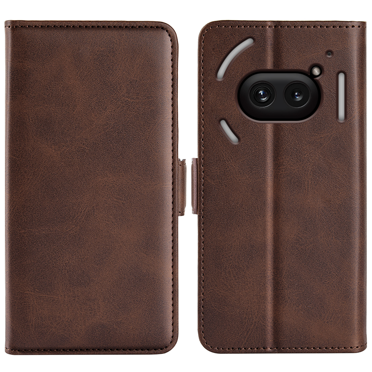Étui de téléphone en cuir marron, ouvert, montrant un téléphone. Fermeture magnétique.