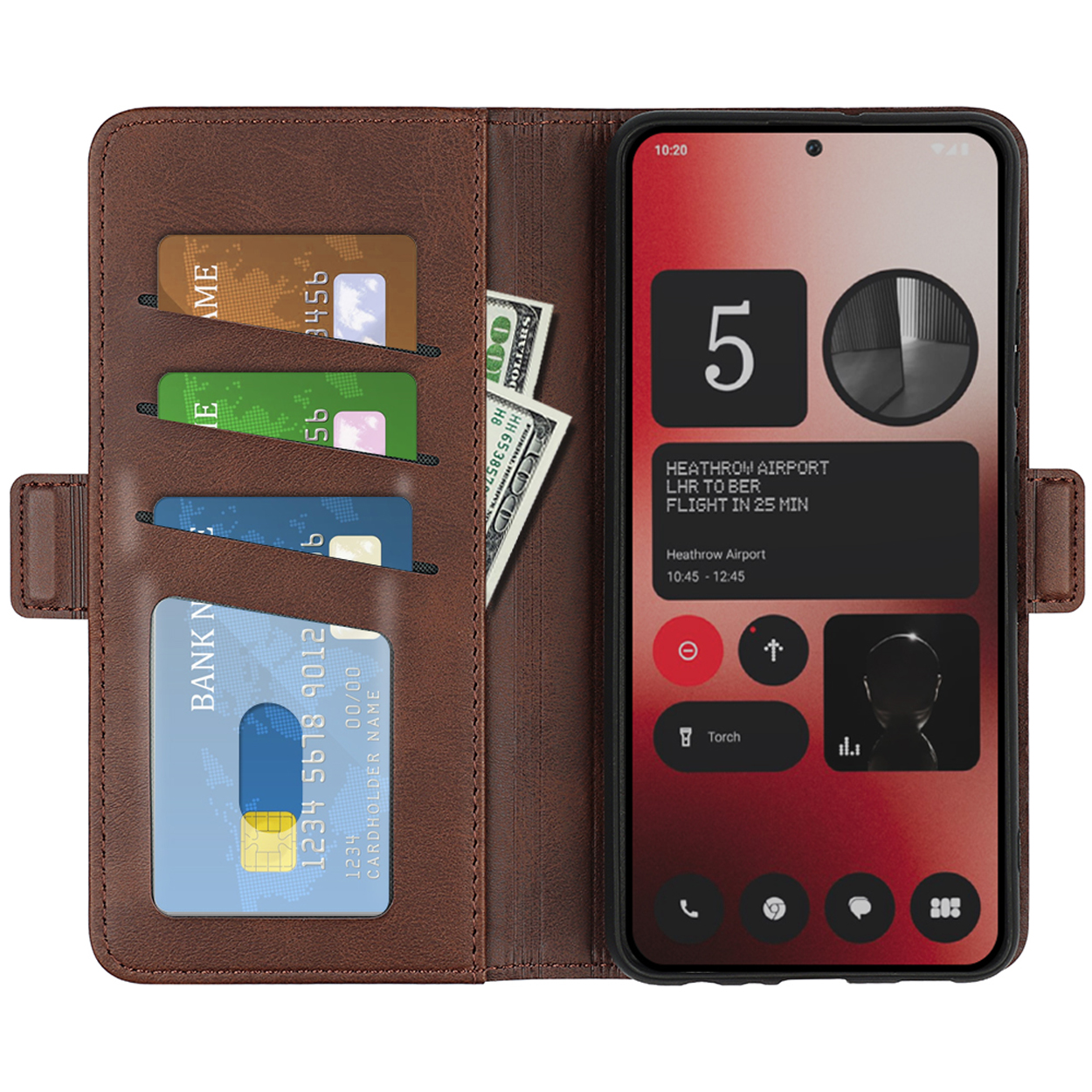Coque de téléphone marron avec téléphone montrant écran, cartes et argent.