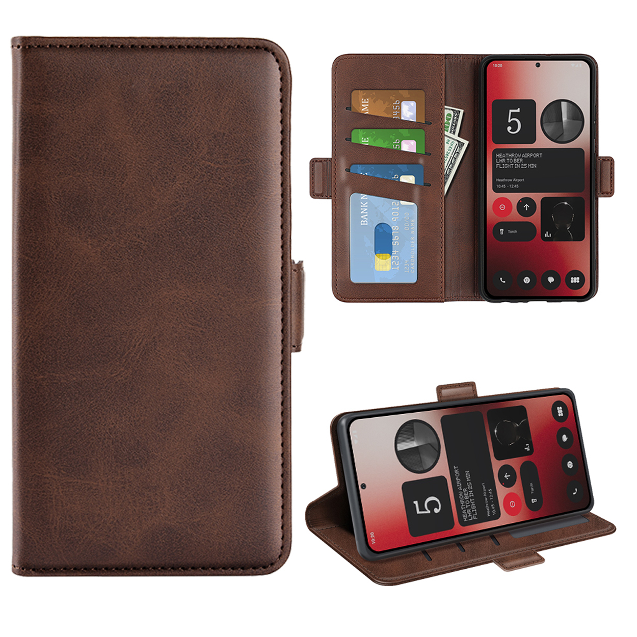 Étui de téléphone en cuir marron, ouvert, avec cartes de crédit, argent et un téléphone affichant les infos de vol.
