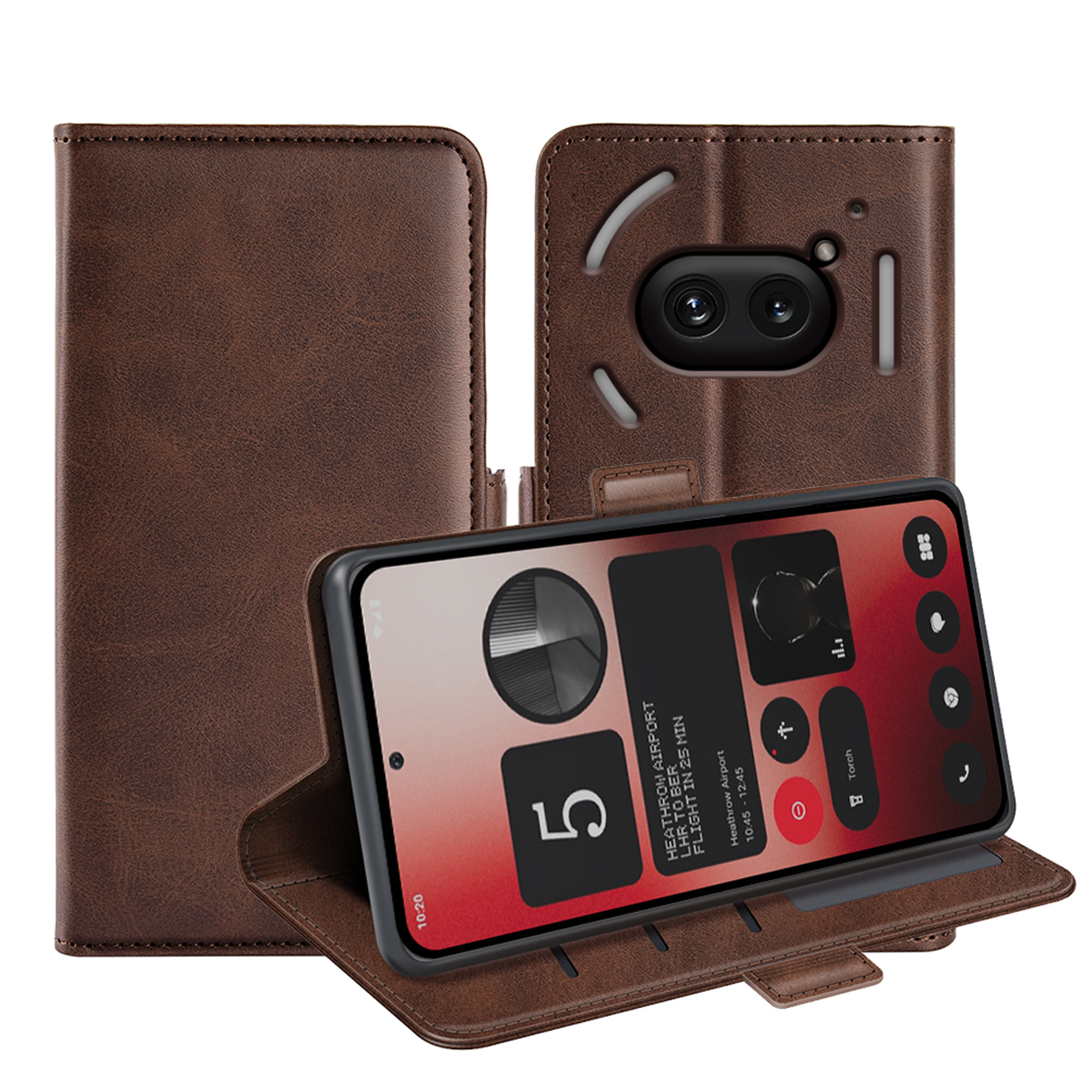 Étui de téléphone en cuir marron ouvert, montrant le téléphone avec info de vol. Un autre étui visible derrière.