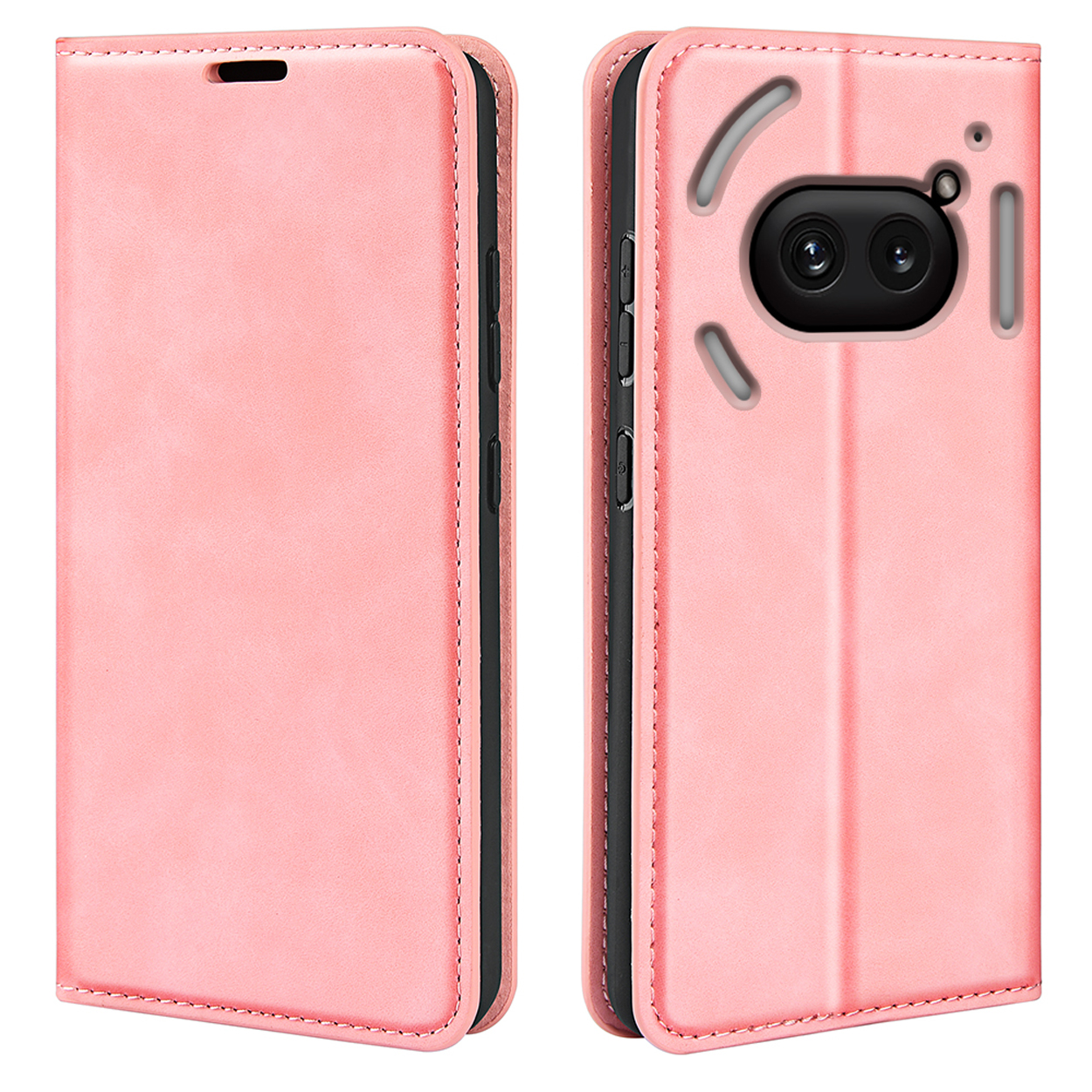 Un étui de téléphone rose avec un téléphone à l'intérieur. L'étui est ouvert et en position de support. Le téléphone est visible.