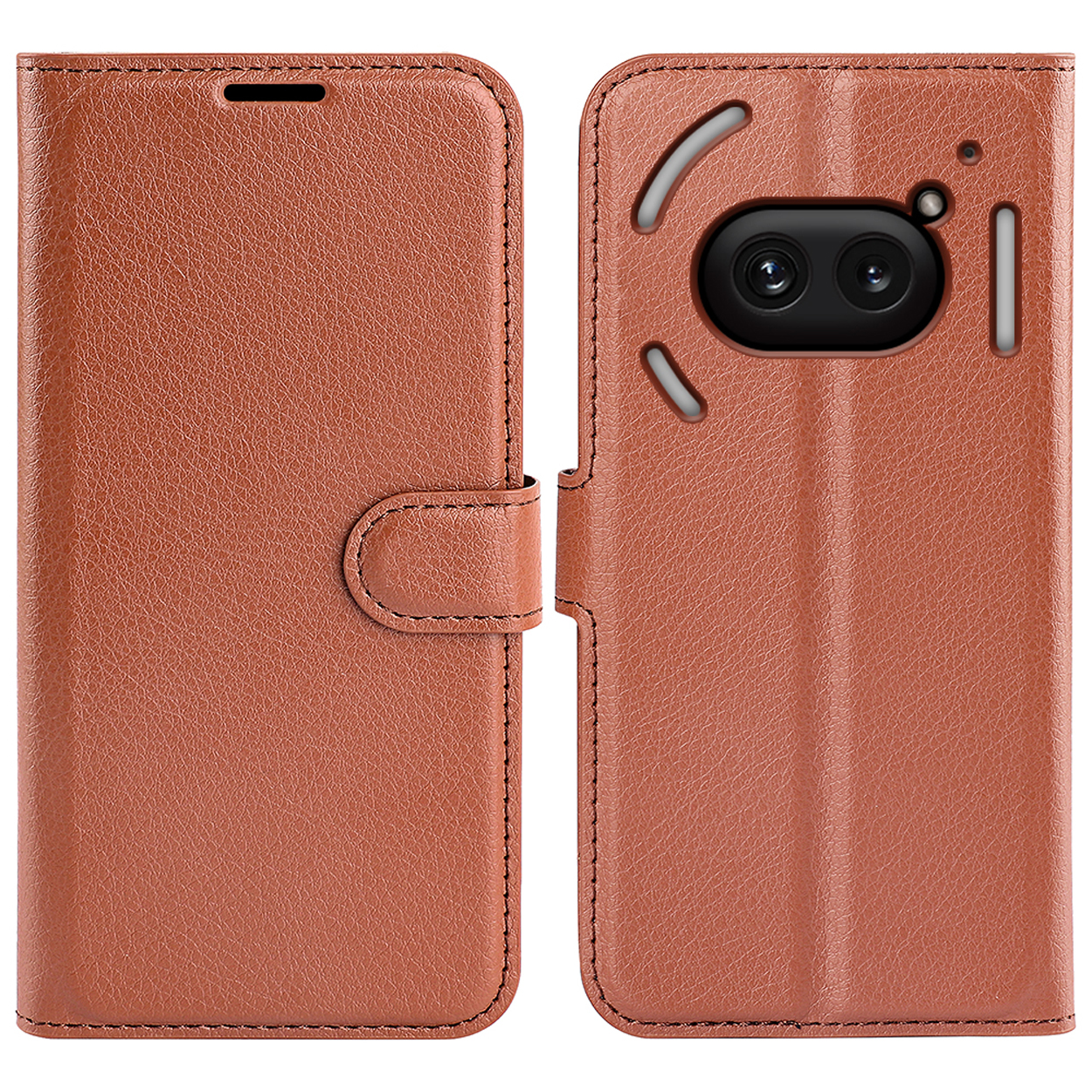 Étui de téléphone en cuir marron ouvert. L'étui a une fermeture magnétique.