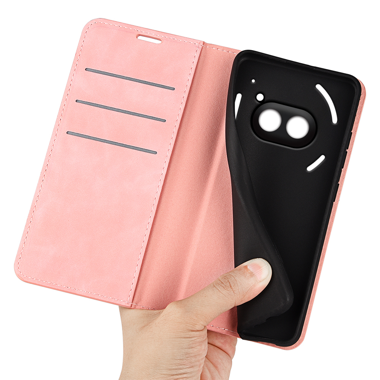 Étui portefeuille rose pour téléphone avec un téléphone à l'intérieur. L'étui est ouvert.