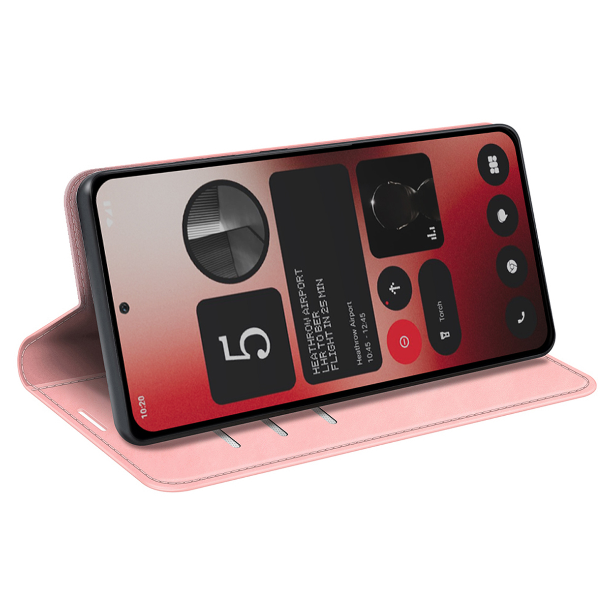 Étui de téléphone rose avec un téléphone affichant un écran d'accueil avec des widgets.