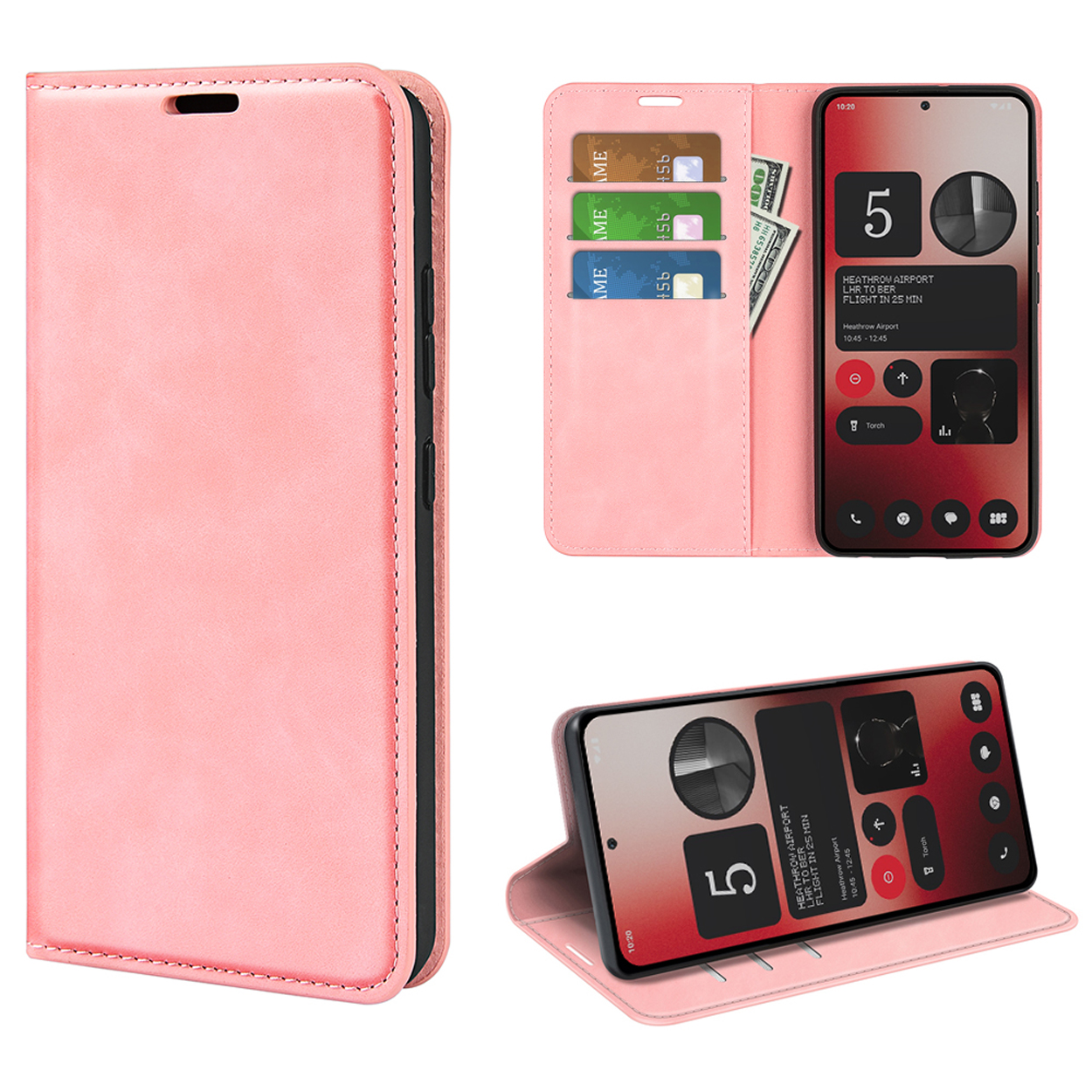 Coque de téléphone rose avec téléphone. Le téléphone affiche un itinéraire de voyage et l'heure.