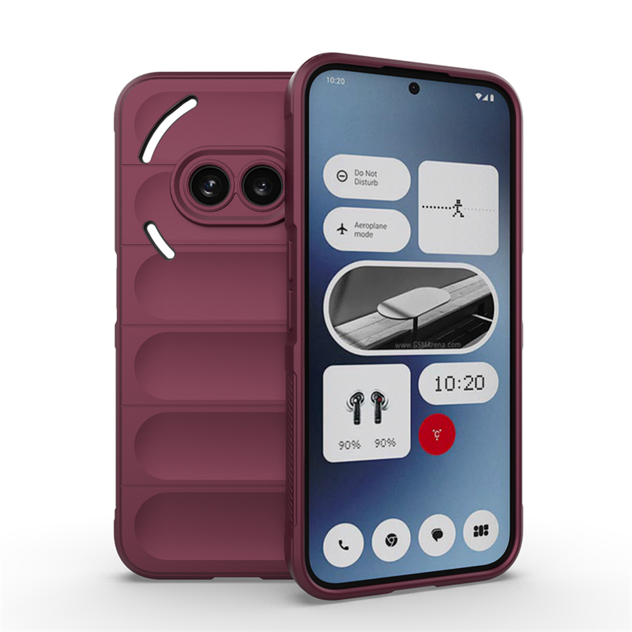 Rode telefoonhoes, met telefoon erin, toont scherm. De hoes heeft een camera-uitsparing.