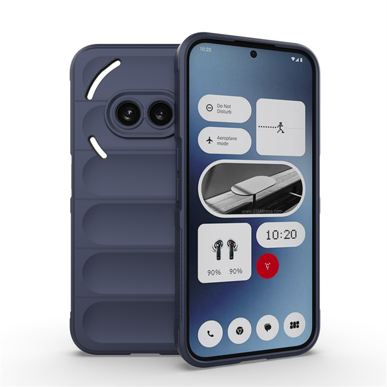 Blauwe telefoonhoes en telefoon. Telefoon toont apps en tijd.