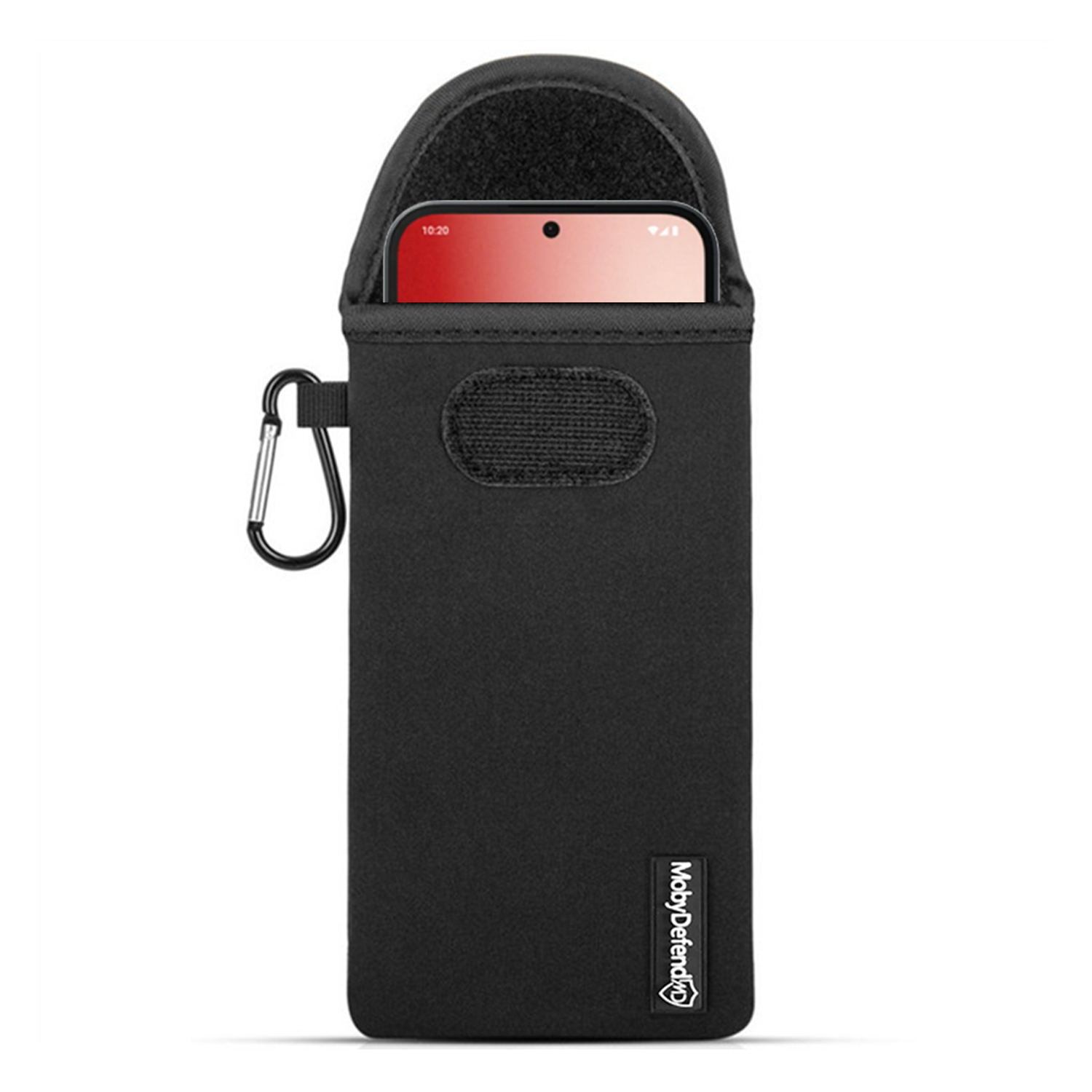 Zwarte telefoonhoes met een telefoon erin en een zilveren karabijnhaak aan de zijkant bevestigd.