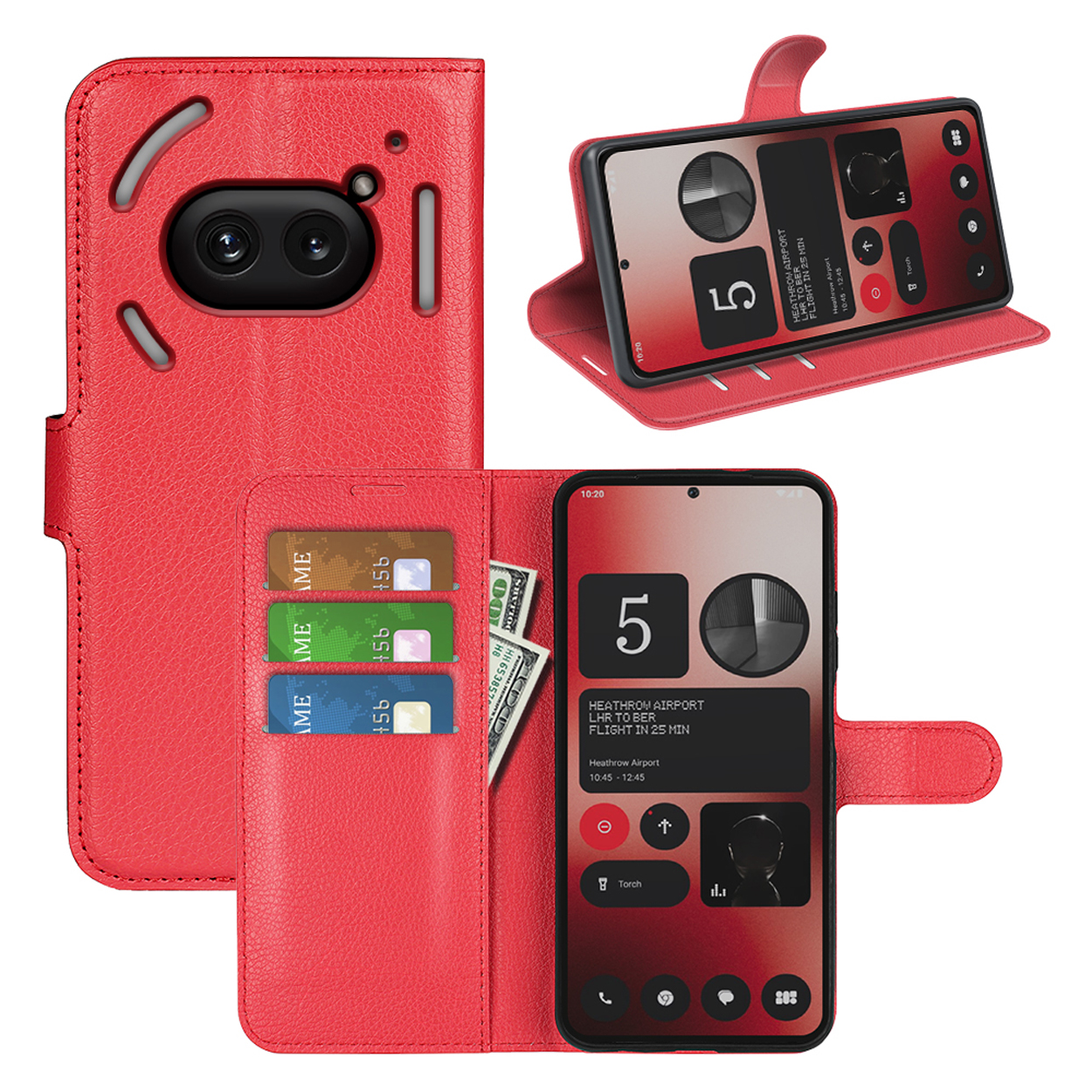 Étui de téléphone rouge avec écran d'aéroport. Étui ouvert avec cartes et argent liquide.