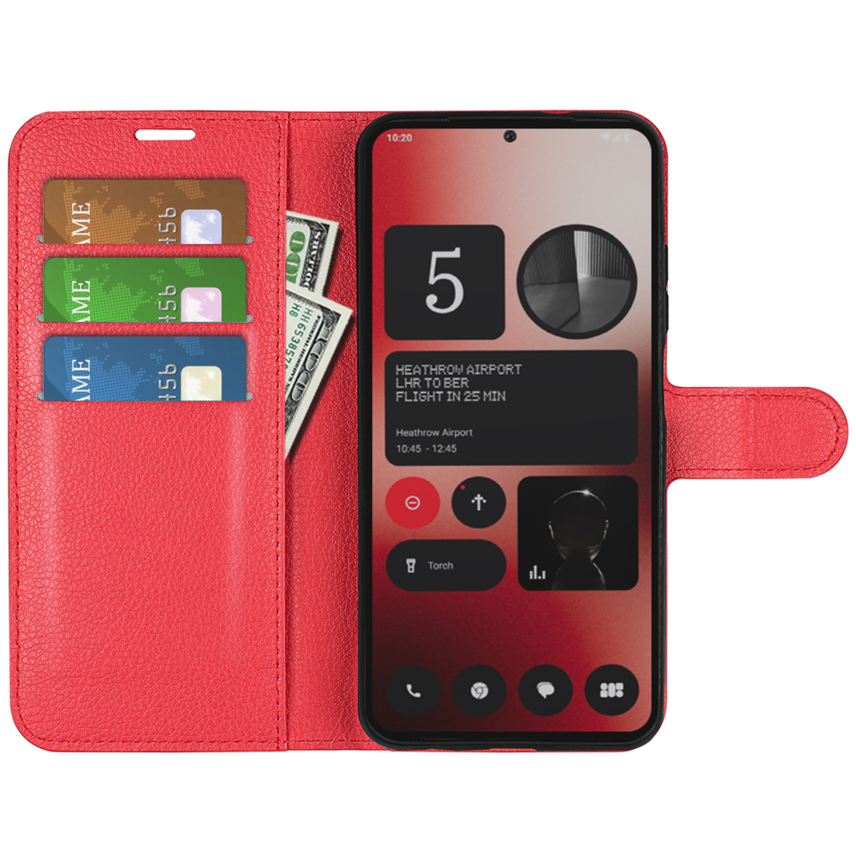 Étui portefeuille rouge pour téléphone ouvert avec cartes, argent et un téléphone affichant un écran d'accueil.