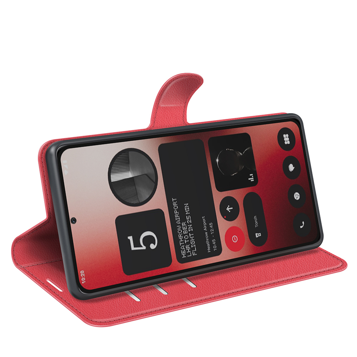 Étui de téléphone rouge ouvert, affichant un téléphone avec des informations de vol.