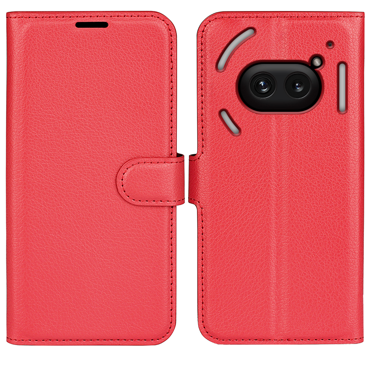 Étui de téléphone en cuir rouge, ouvert, montrant un téléphone. Fermeture magnétique.
