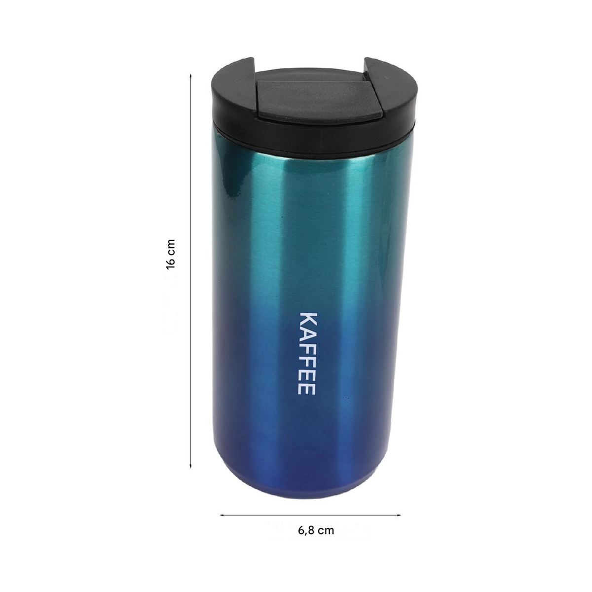 Ein blau-türkisfarbener isolierter Kaffeebecher mit schwarzem Deckel. Das Wort KAFFEE ist gedruckt.