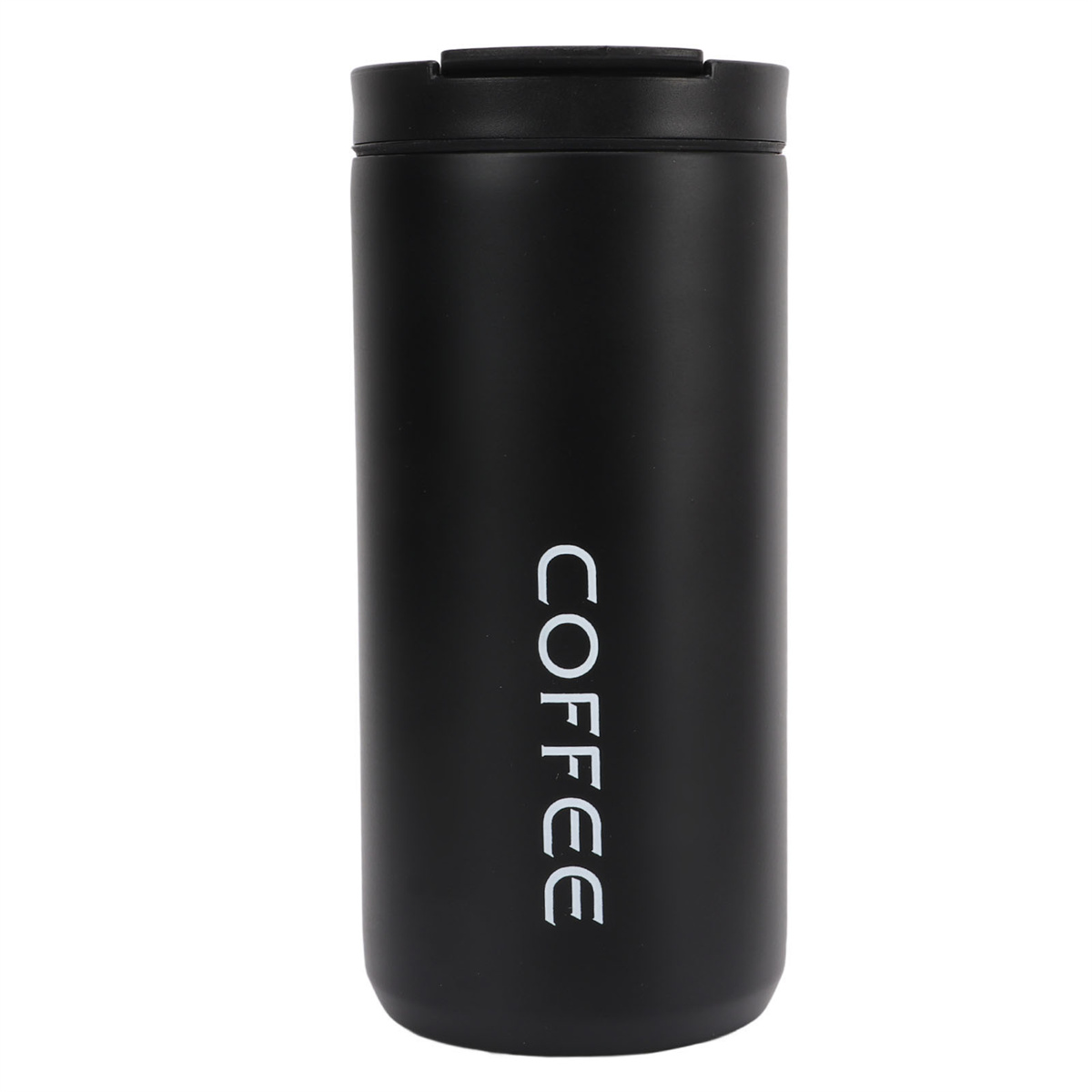 Schwarme Kaffee-Thermoskanne mit weißem COFFEE-Text.