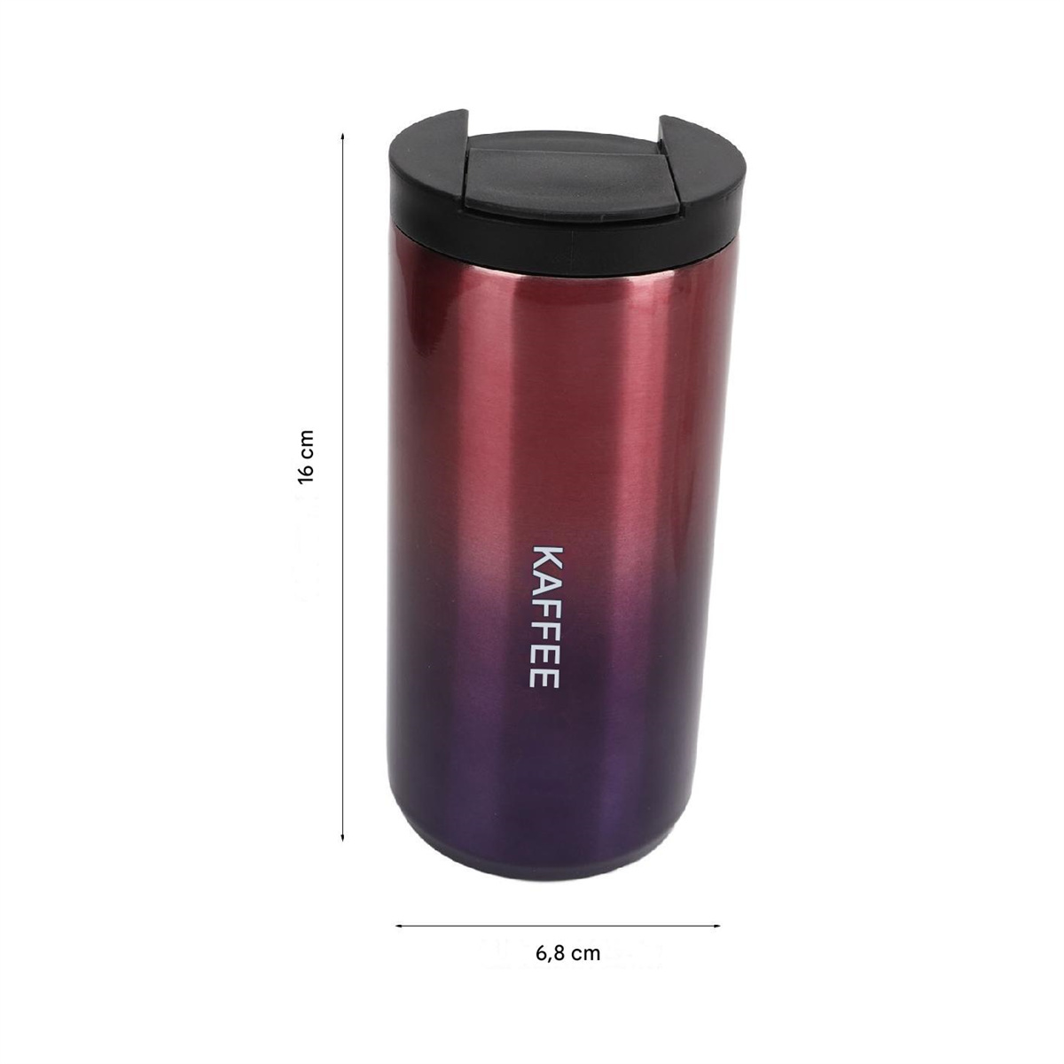 Eine rot-lila-farbene Kaffeetasse mit dem Wort 'KAFFEE' darauf. Sie hat einen schwarzen Deckel und ist 16 cm hoch.