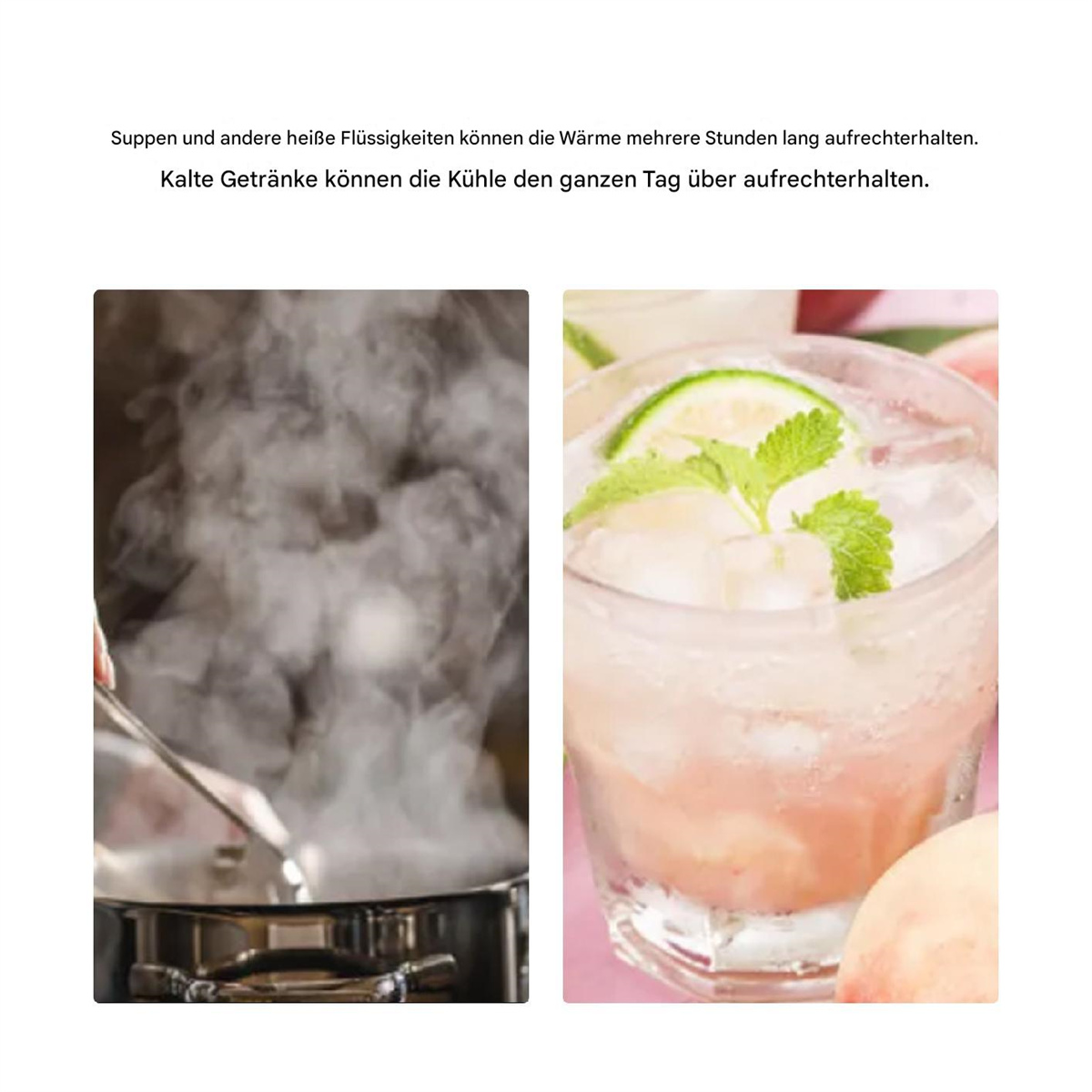Zwei Bilder. Eines mit Dampf, der aus einem Topf aufsteigt. Ein anderes, ein Cocktail mit Eis und Limette.