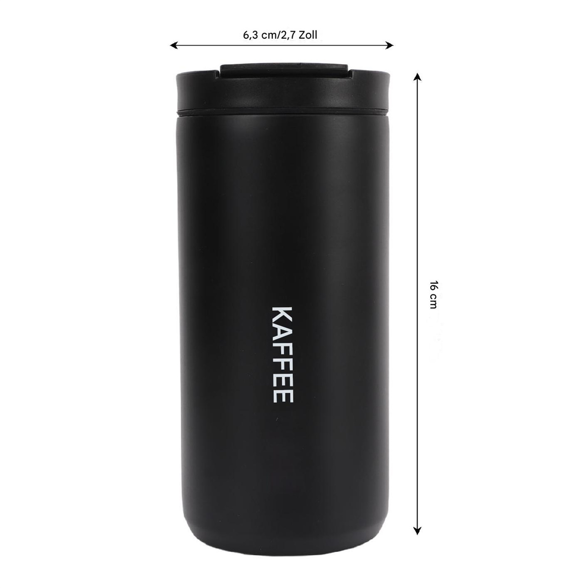 Ein schwarzer isolierter Kaffeebecher mit dem Wort 'KAFFEE' darauf. Abmessungen von 6,3 cm x 16 cm sind angegeben.