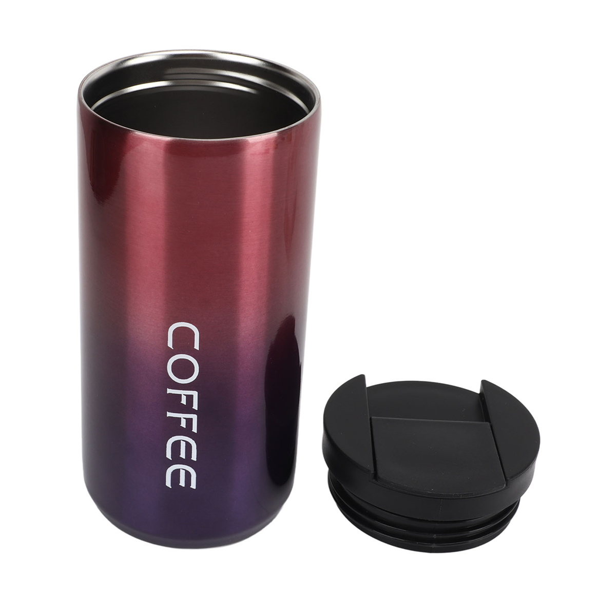 Zweifarbiger Reisebecher mit der Aufschrift 'COFFEE'.