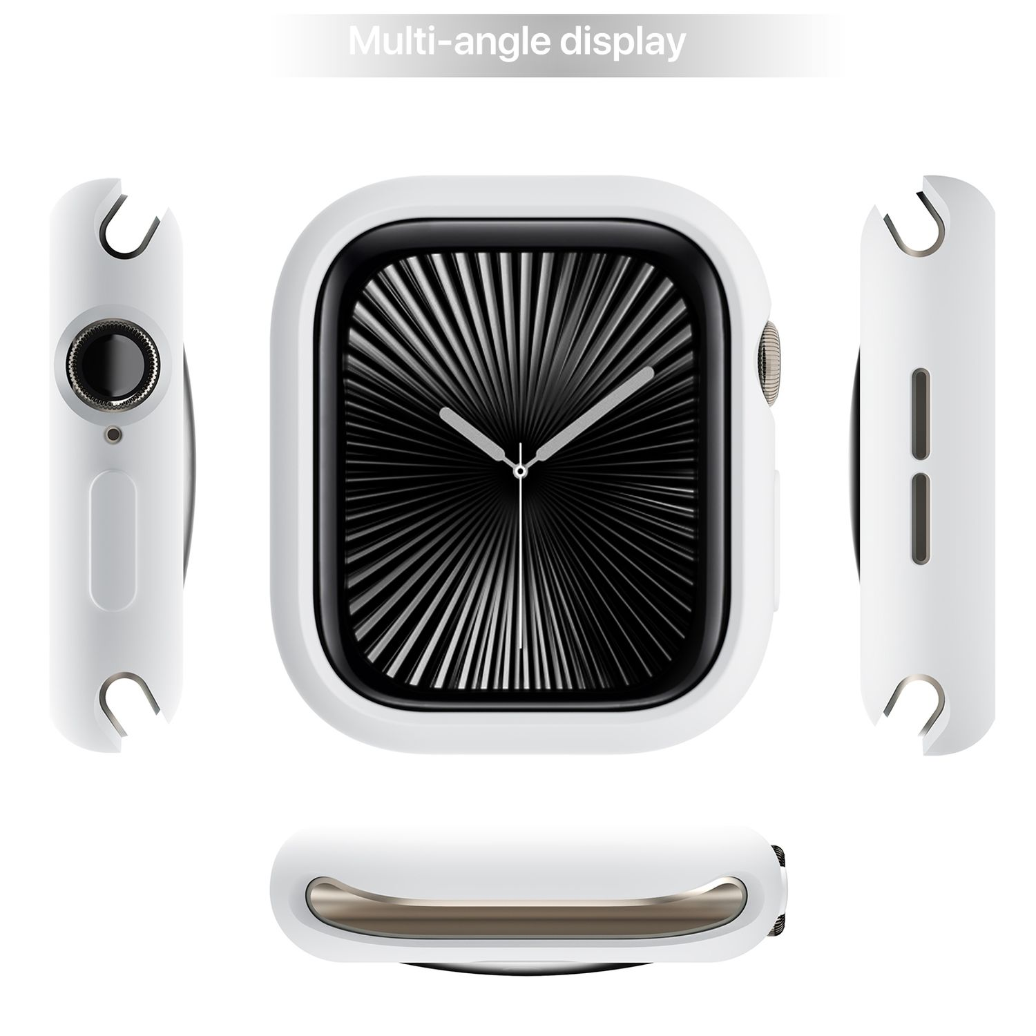 Weiße Smartwatch-Hülle aus verschiedenen Winkeln gezeigt.