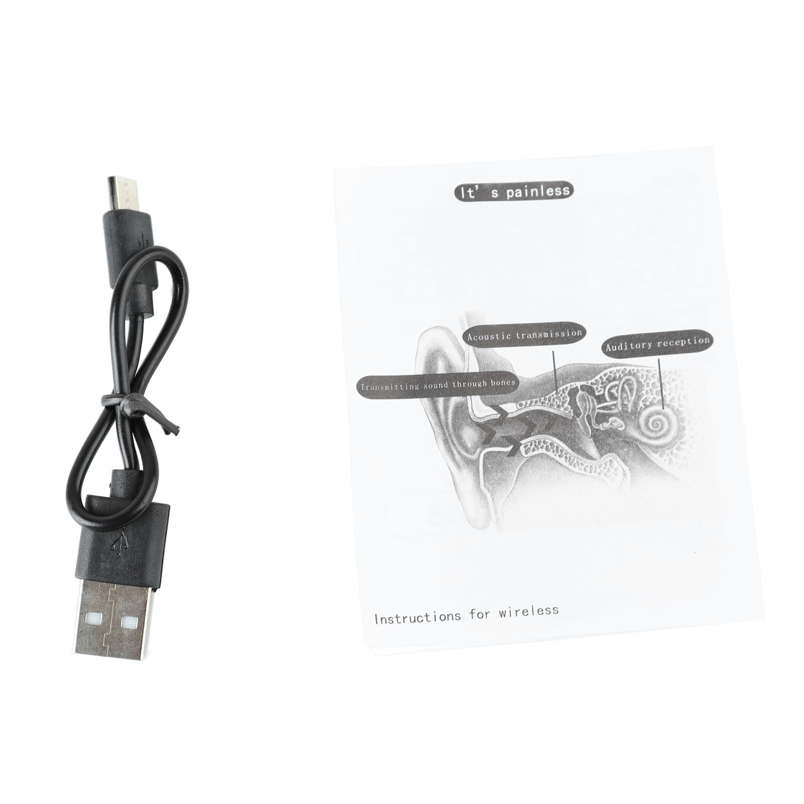 Das Bild zeigt ein Ladekabel neben einem Diagramm, das erklärt, wie Schall durch Knochen übertragen wird. Weißer Hintergrund.