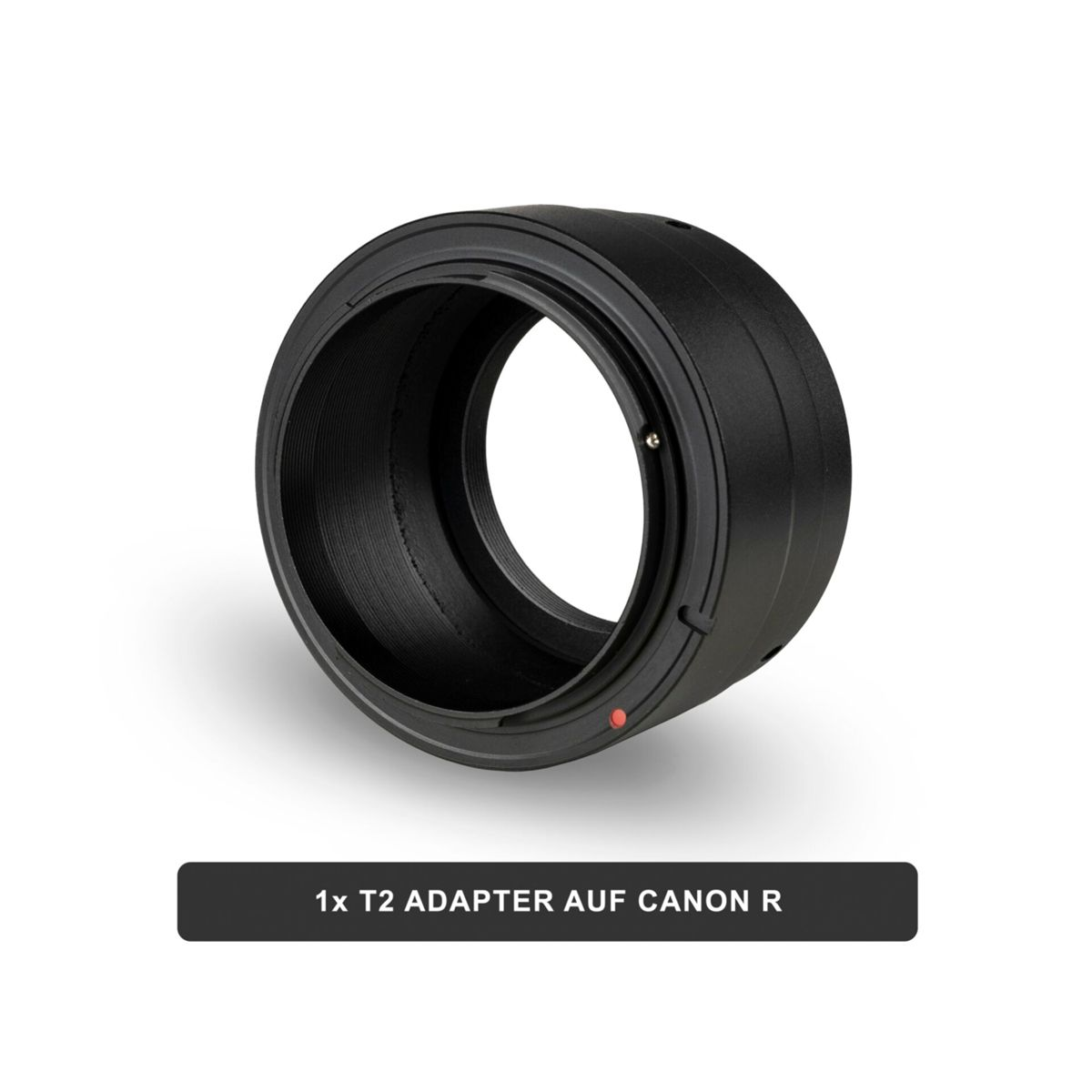 Schwarzer T2-Adapter auf weißem Hintergrund. Text lautet '1x T2 ADAPTER AUF CANON R'.