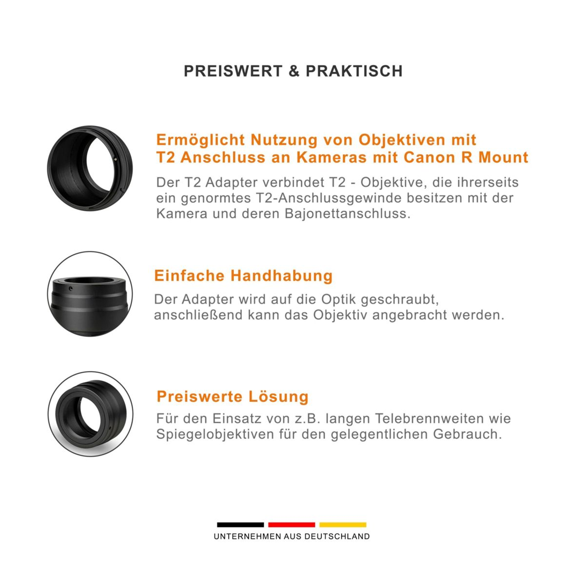 Schwarzer Kameraobjektivadapter mit Text und Grafiken auf weißem Hintergrund.