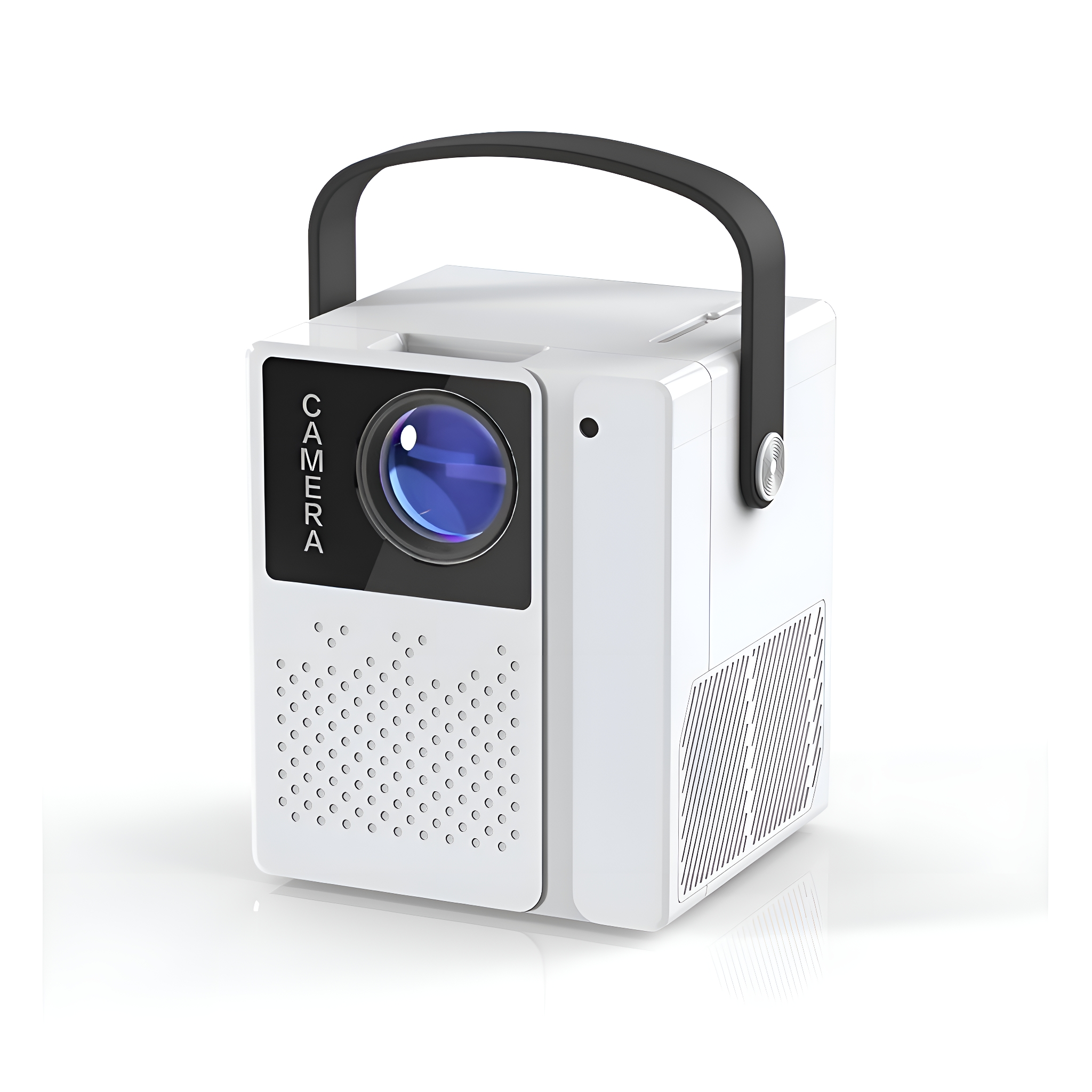 Weißer Mini-Projektor mit Griff. Er hat eine Linse und das Wort CAMERA darauf.