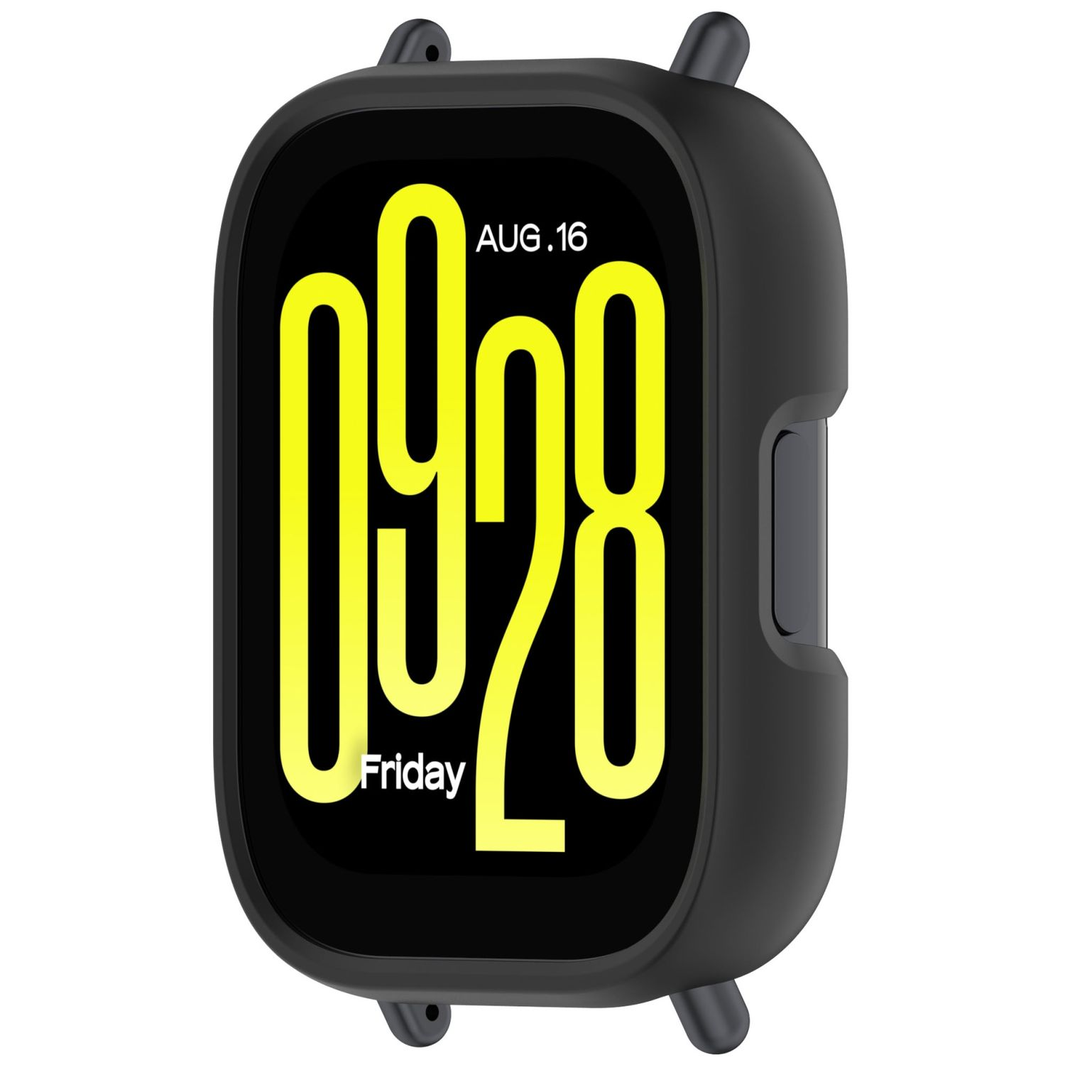 Schwarzes Smartwatch-Gehäuse. Es zeigt Datum und Uhrzeit in Gelb an.