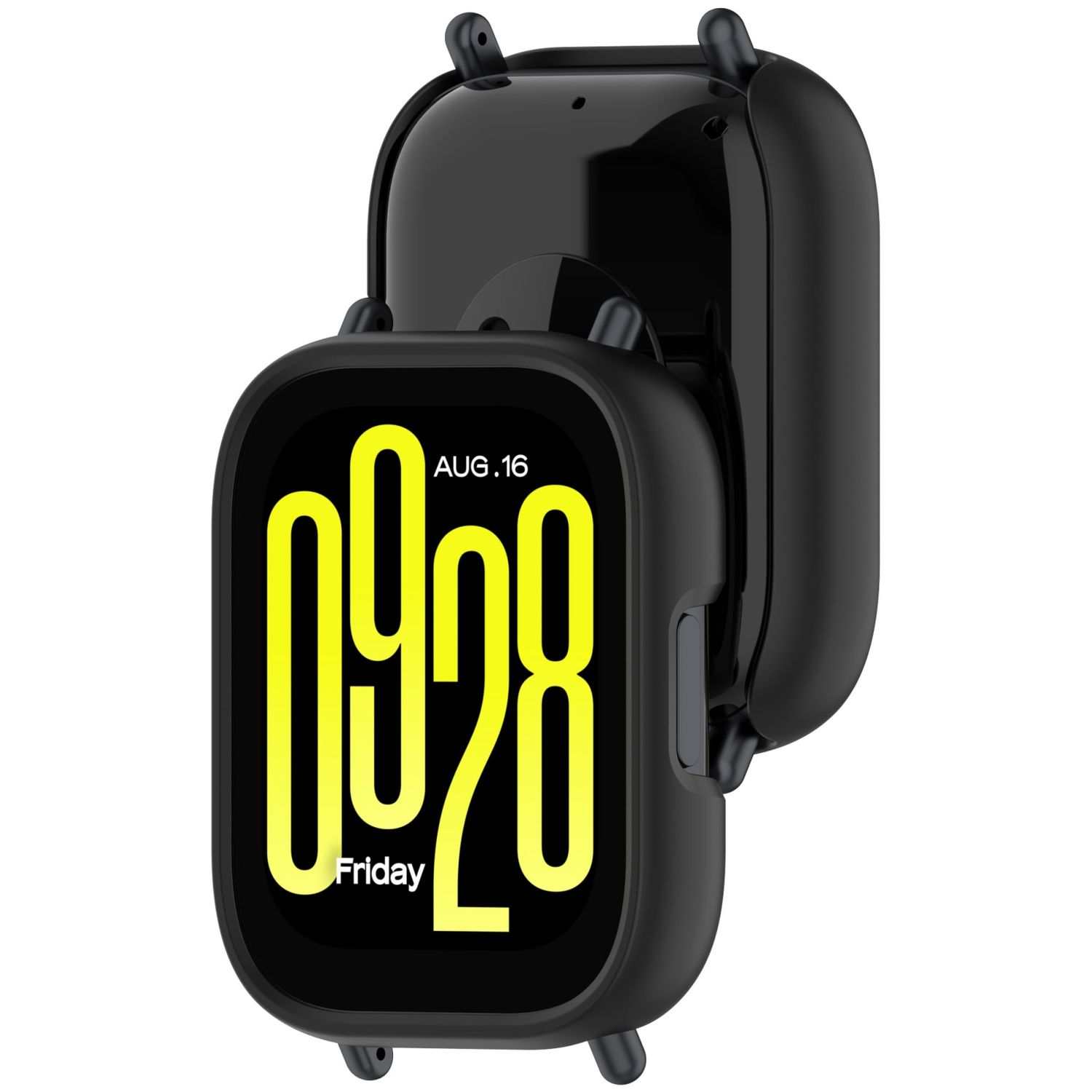 Schwarze Smartwatch mit gelbem Display, das Datum und Uhrzeit anzeigt, an einer schwarzen Ladestation befestigt.