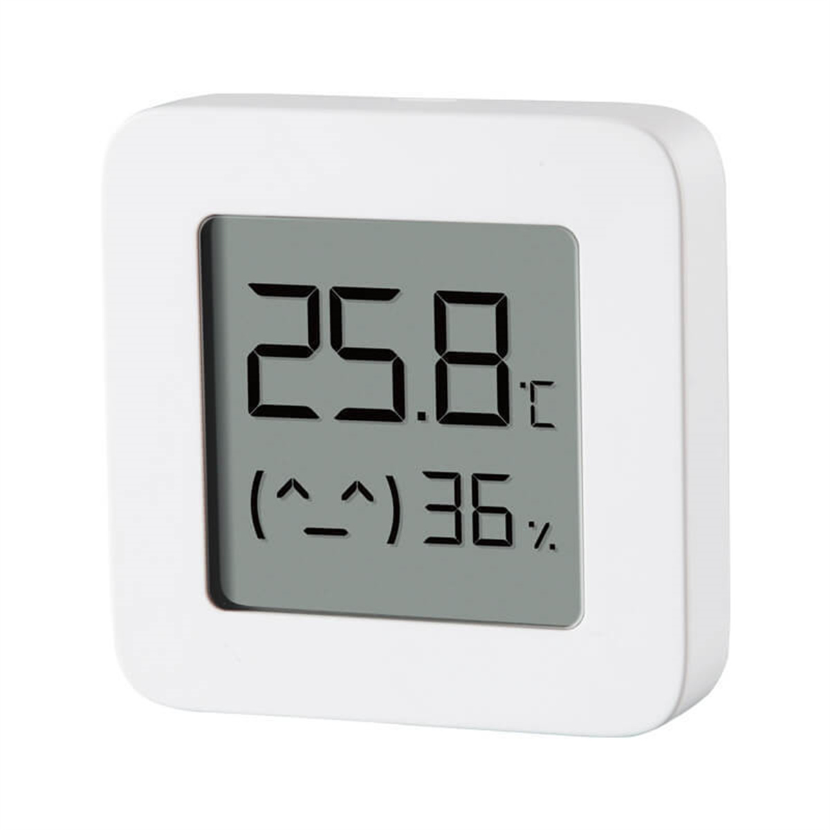 Ein weißes digitales Thermometer zeigt 25,8°C und 36 % Luftfeuchtigkeit vor weißem Hintergrund an.