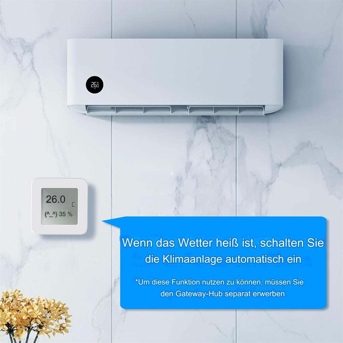 Weiße Klimaanlage und Thermostat. Text: Bei Hitze schaltet sich die Klimaanlage automatisch ein.