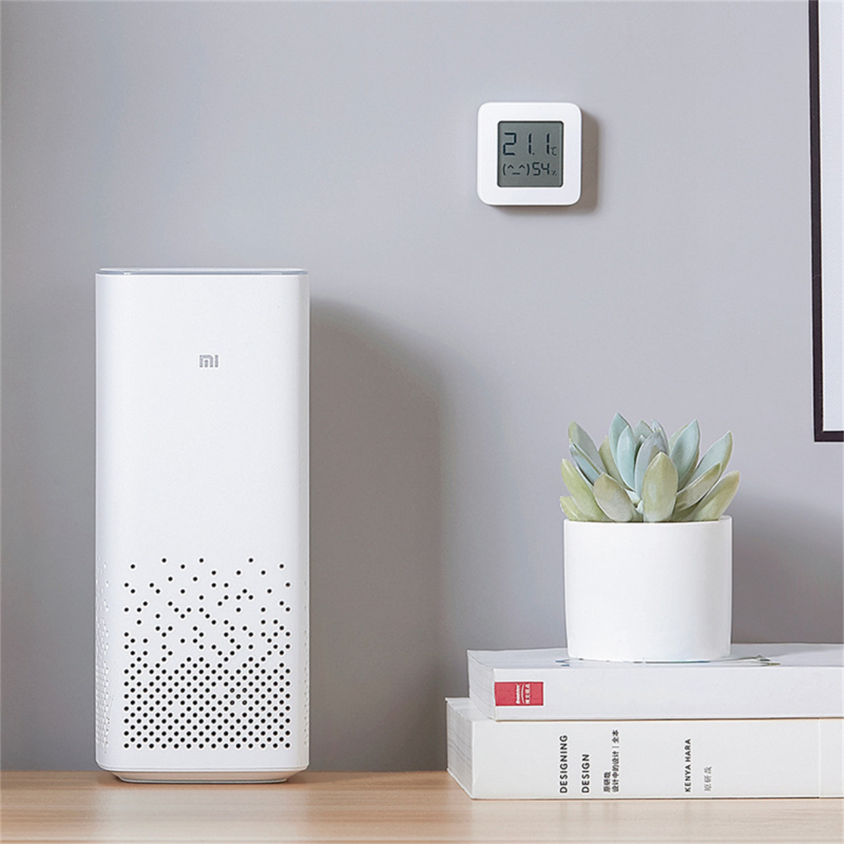 Weißer Smart-Lautsprecher und ein kleines digitales Thermometer. Pflanze und Bücher auf der Oberfläche.