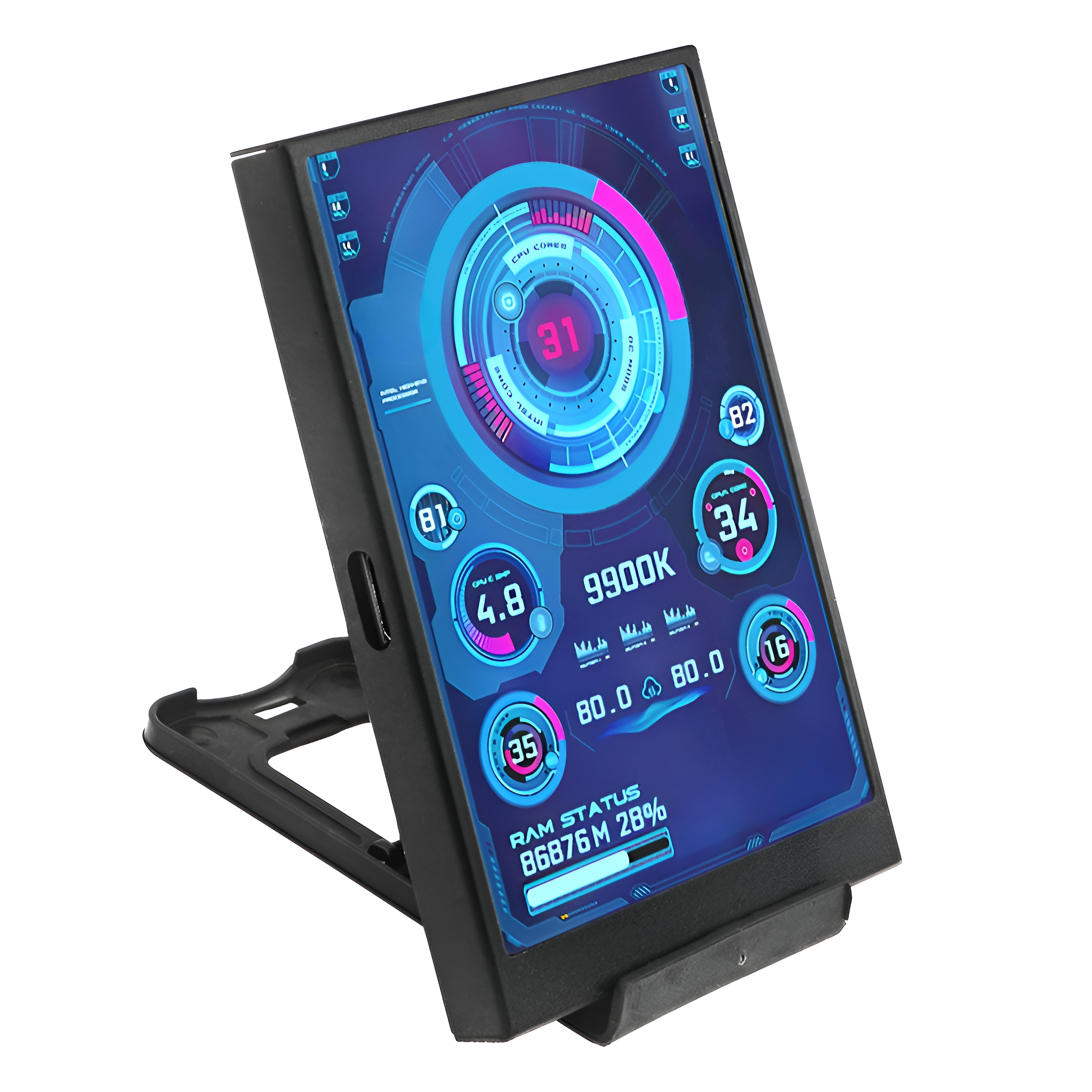 Ein schwarzes Computerdisplay mit Ständer, das Systeminformationen auf dem Bildschirm anzeigt.