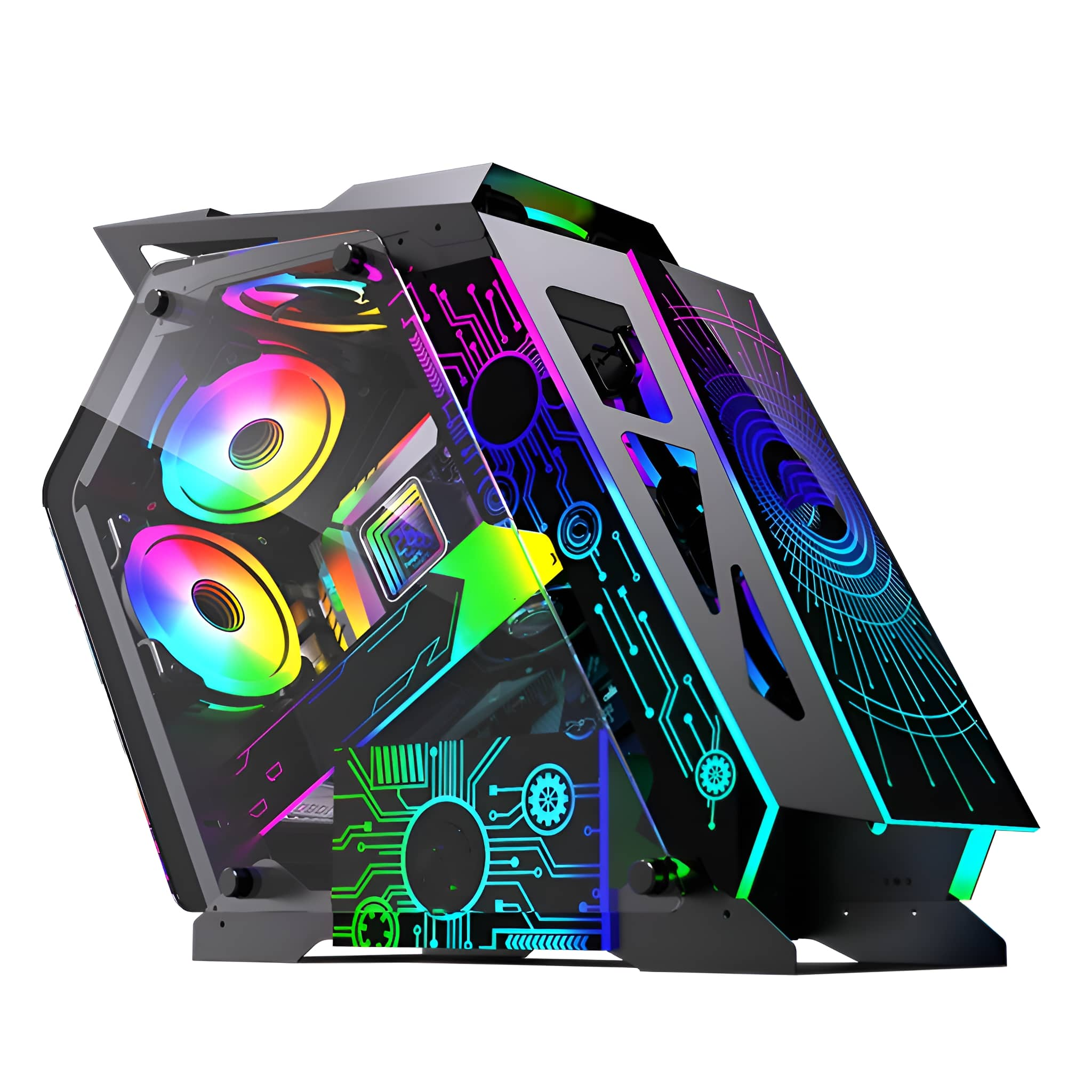 Gaming-PC-Gehäuse mit mehreren Lüftern und LED-Leuchten. Das Gehäuse hat ein modernes Design.