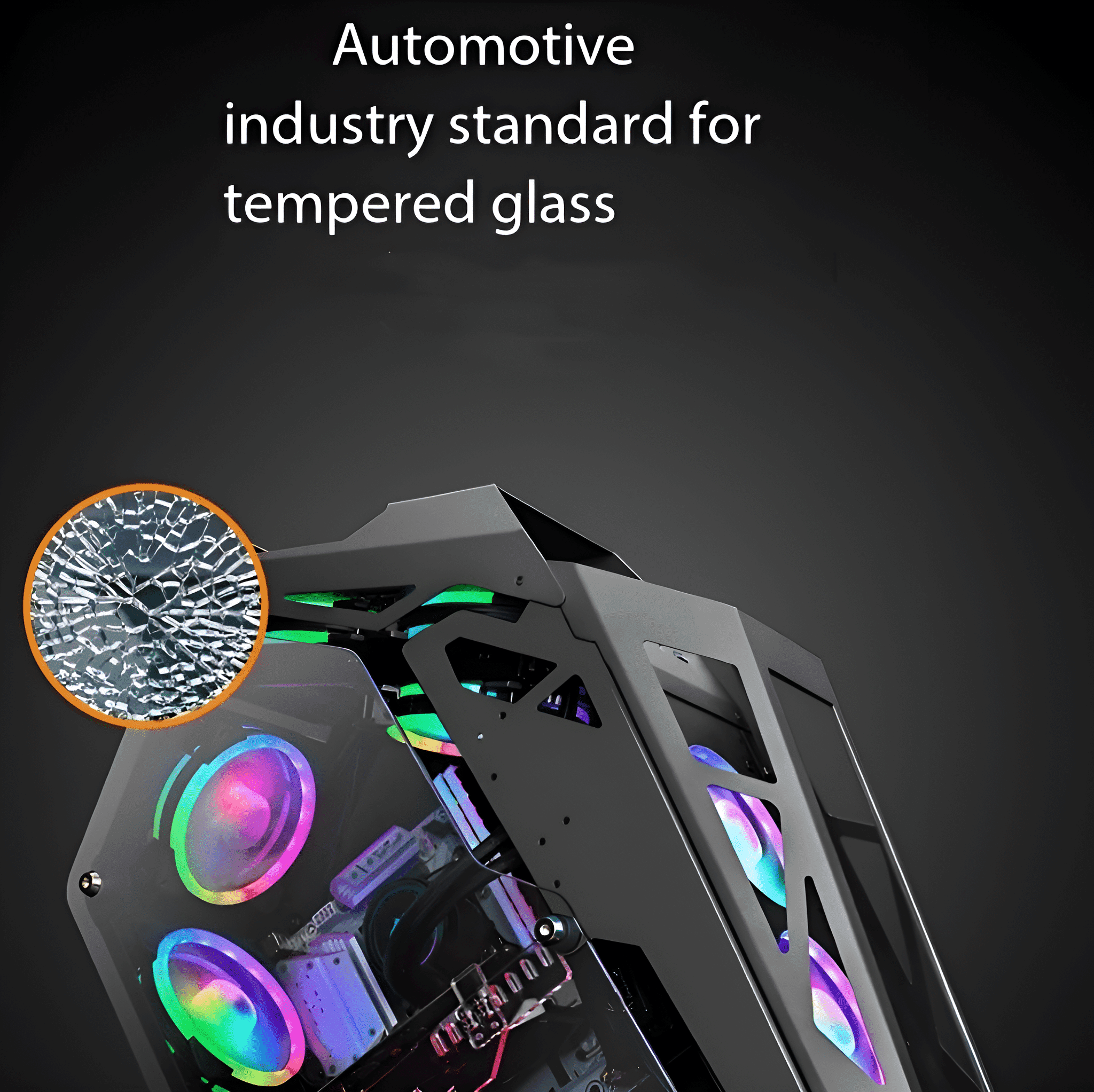 Computergehäuse mit zerbrochener Glasscheibe und Lupe darüber, Text lautet 'Automobilindustrie'.