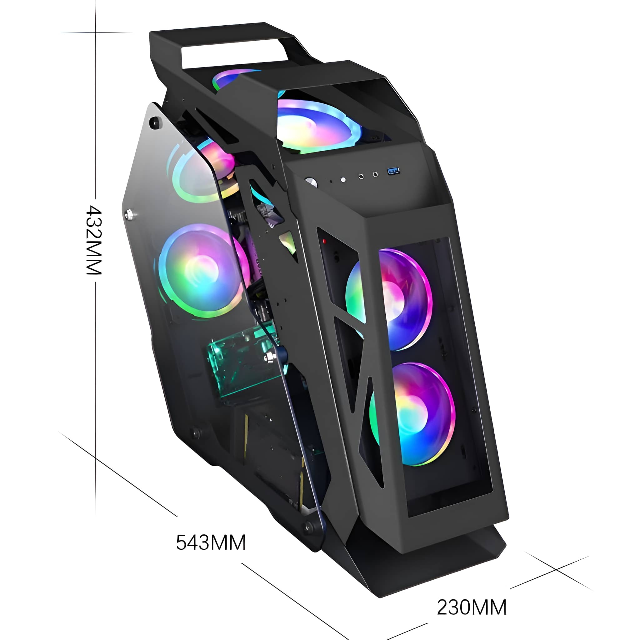 Ein schwarzes Computergehäuse mit Glas-Seitenwand und RGB-Lüftern. Abmessungen sind beschriftet.